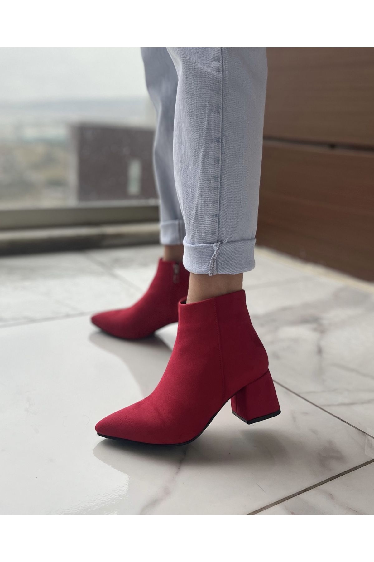 SELLA SHOES 901 Red Suede Short Ankle Boots Trendyol