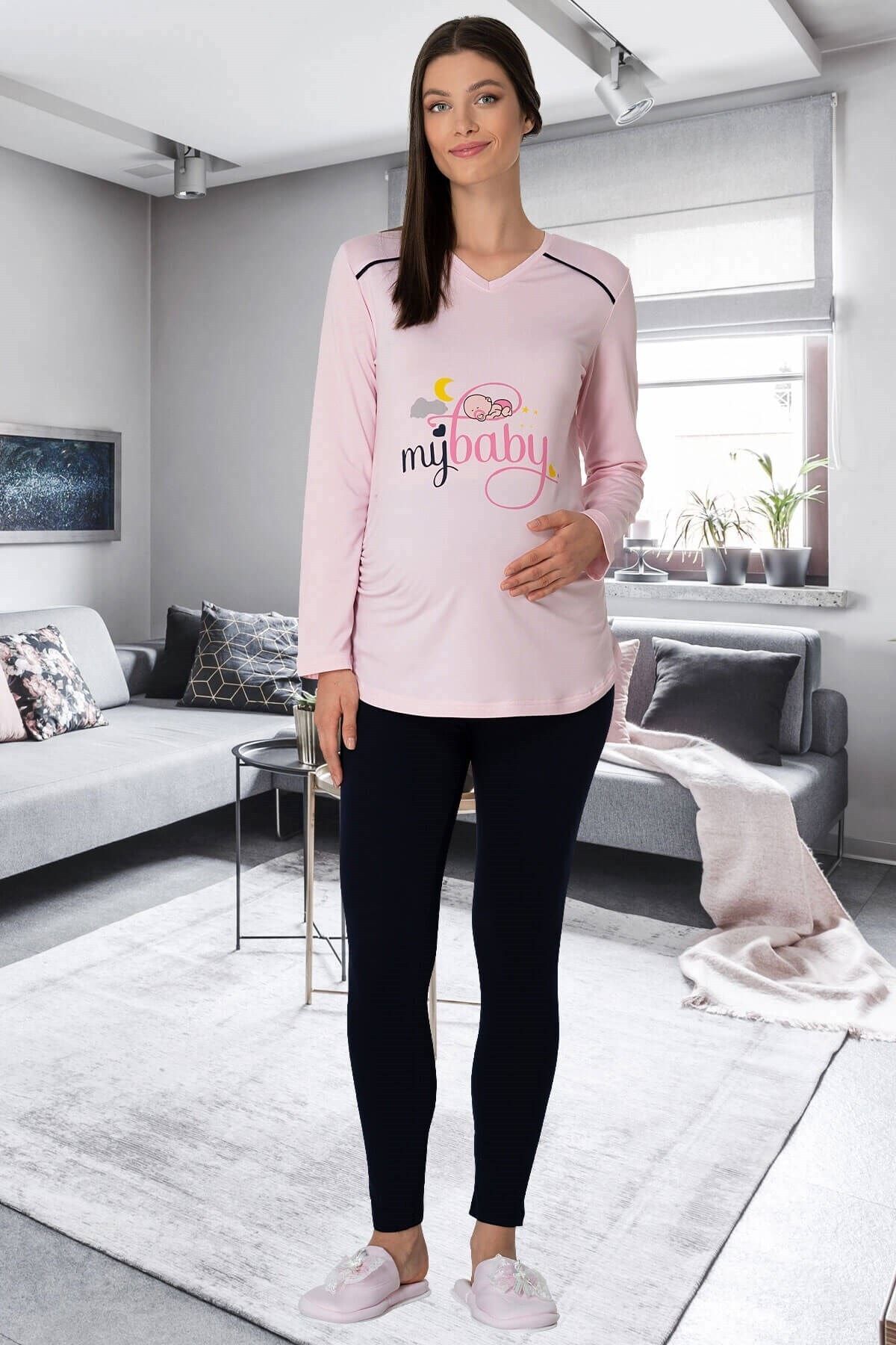 By Mecit Pijama Hamile Baskılı Pembe T-Shirt - Tayt Takım