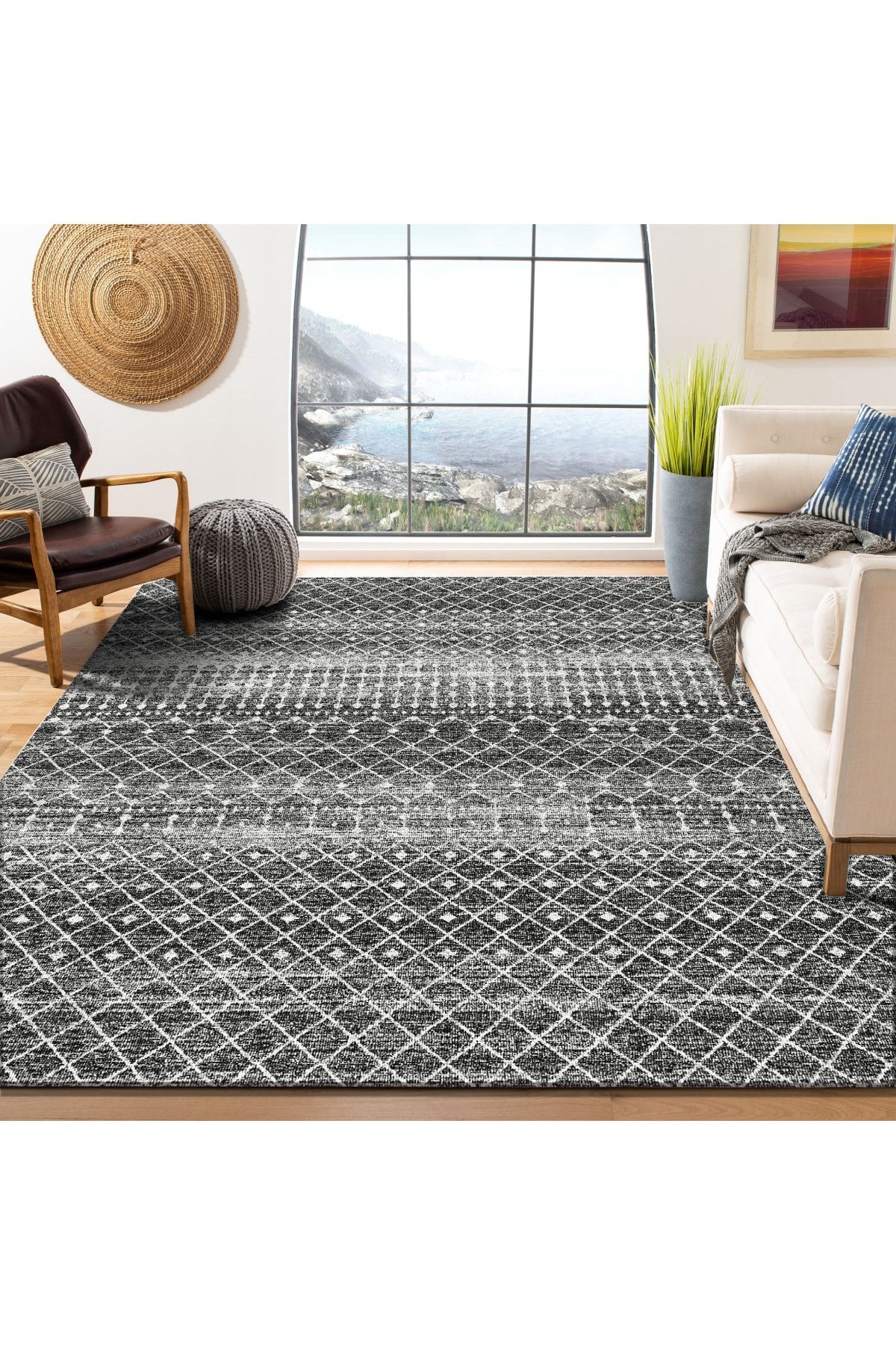 Sermod Zagora Eskitme Siyah Modern Süngerli Halı Örtüsü