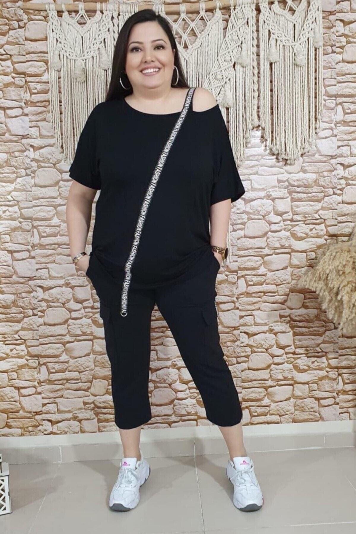 sinemisxxl Kadın Siyah Tek Omuz Açık Kargo Cepli Eşofman Takımı