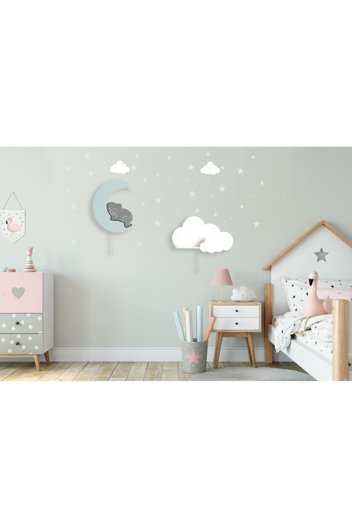 tinytigerstore Ay Üzerinde Uyuyan Fil,ışıklı Bulut Raf,çocuk Odası Dekoratif Aydınlatma 2 Li Set