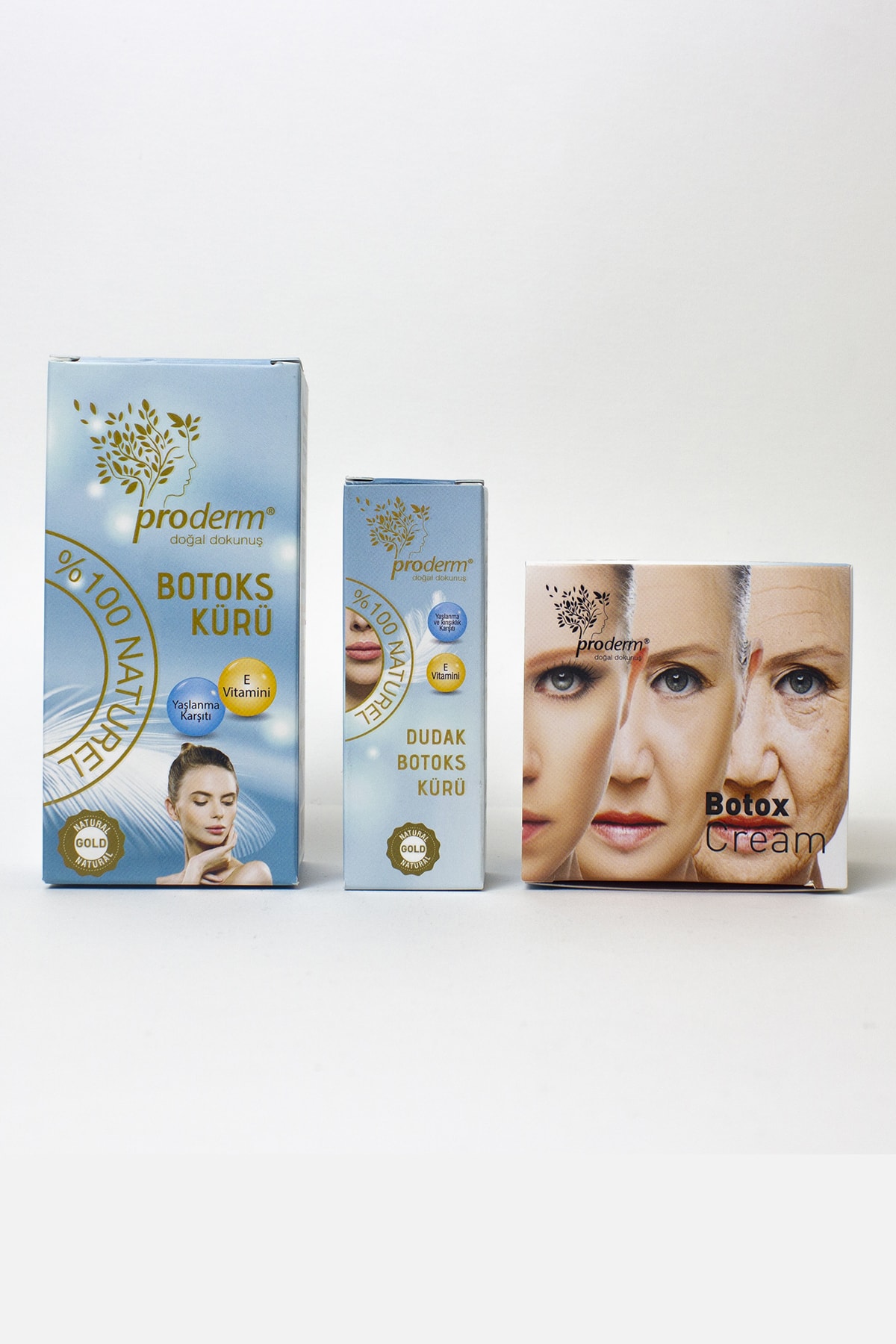 PRODERM Yaşlanma Karşıtı Set, Kırışıklık Iyileştiren (SIKILAŞTIRICI SERUM, BOTOKS KREMİ, DUDAK BOTOKSU KÜRÜ)