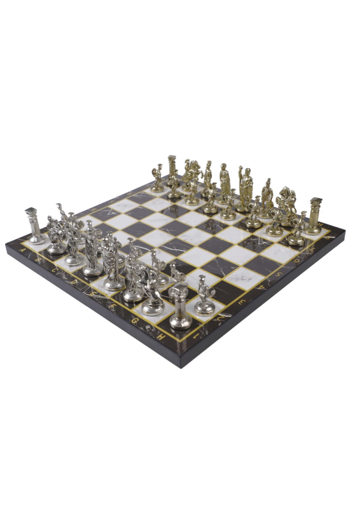 elife ESRML4 Lüks Metal Satranç Takımı Krom Kaplama Roma Lejyonları Gold Set & Siyah Mermer Desenli Tahta