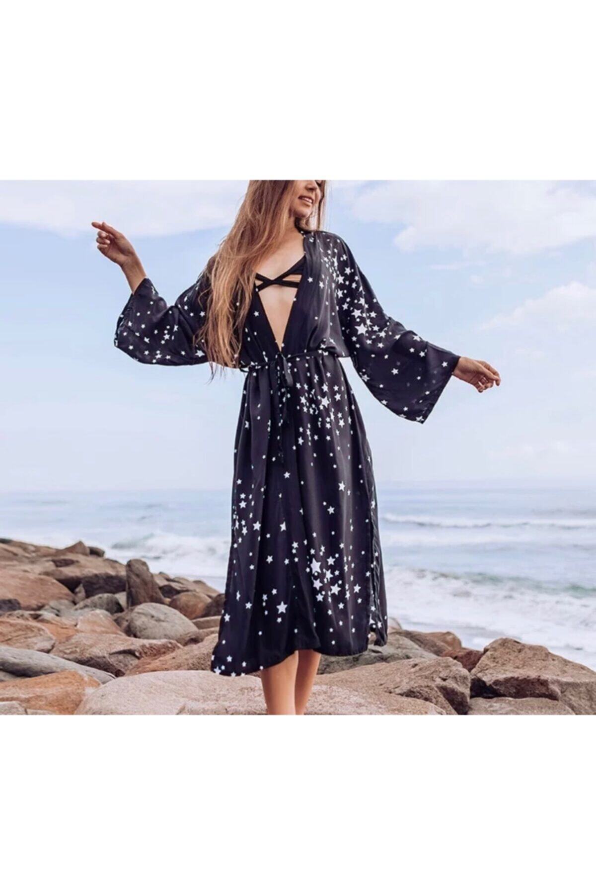 Pulchra Mulier Kadın Siyah Yıldız Desen Kimono