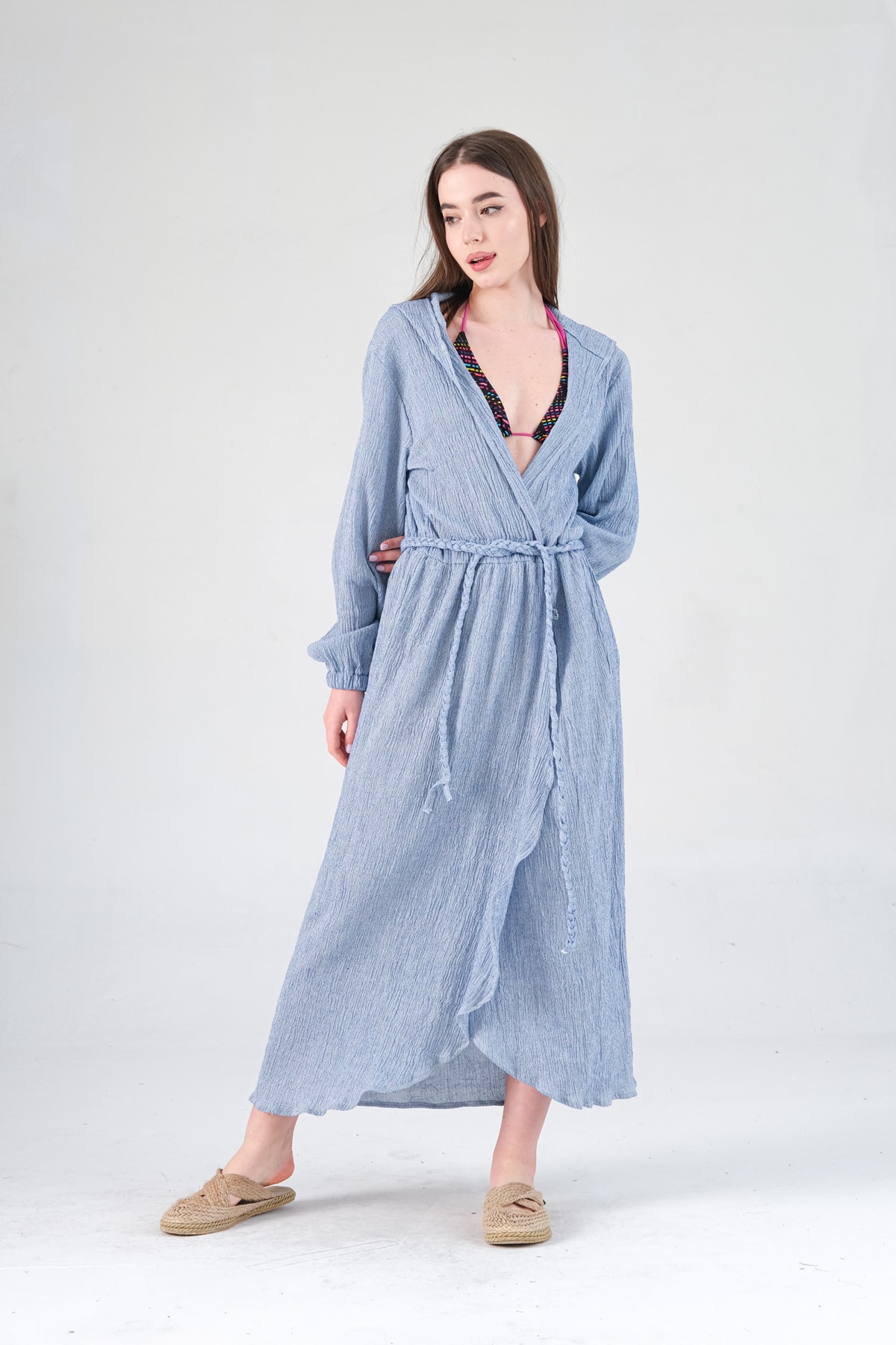 Shile Design Kadın Mavi Şile Bezi Kumbaba Kapşonlu Kaftan