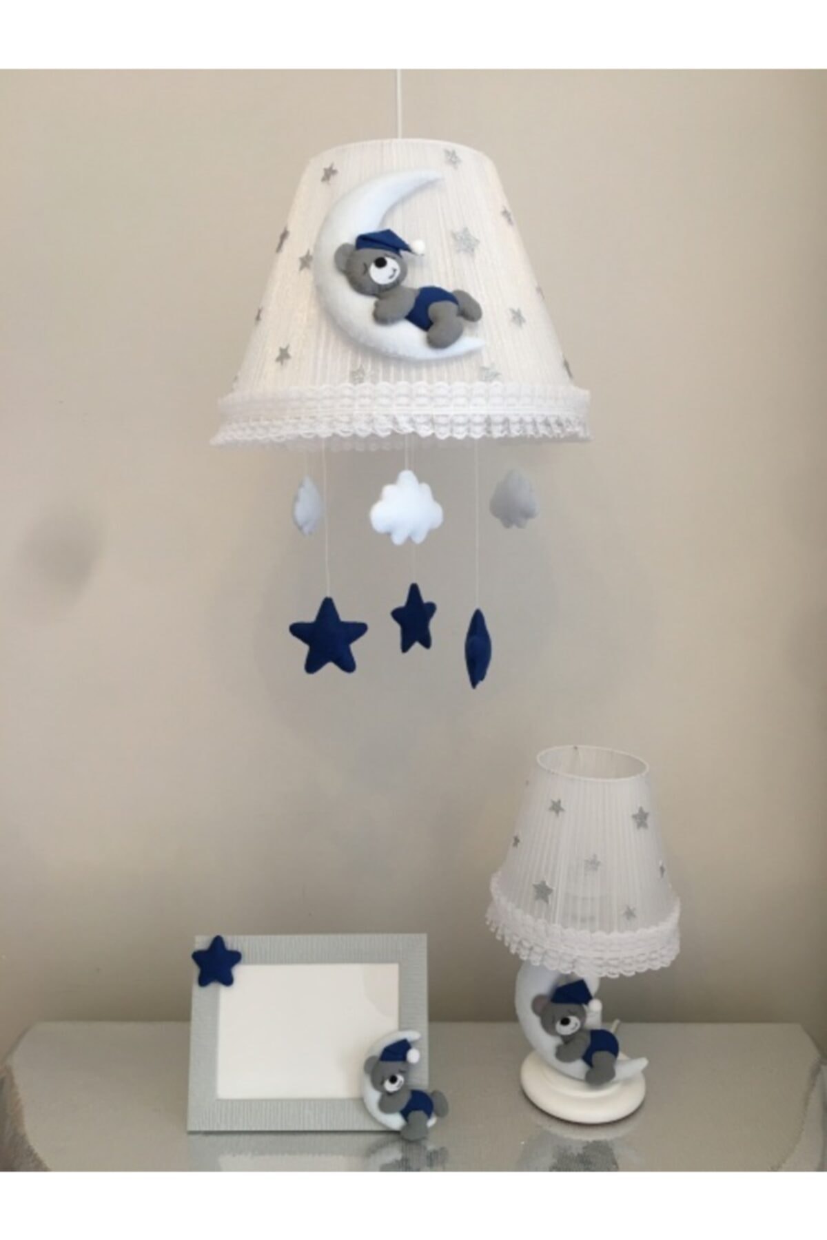 Keçeli parti hayalleri Bebek Çocuk Odası Avize Abajur Çerçeve Ay-ayıcık Beyaz Lacivert