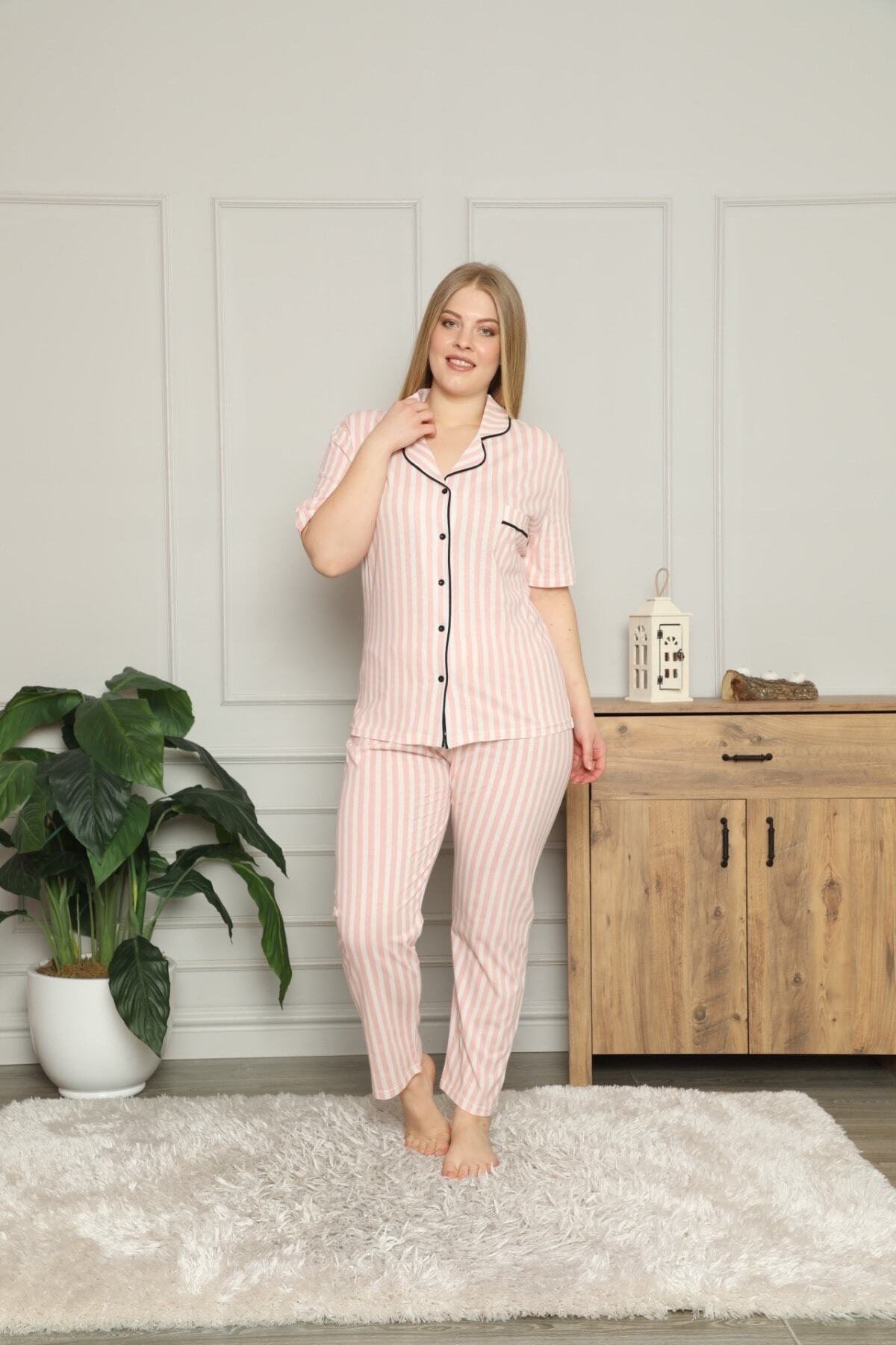 Muka Kadın Pembe Önü Düğmeli Çizgili Yakalı Pijama Takımı
