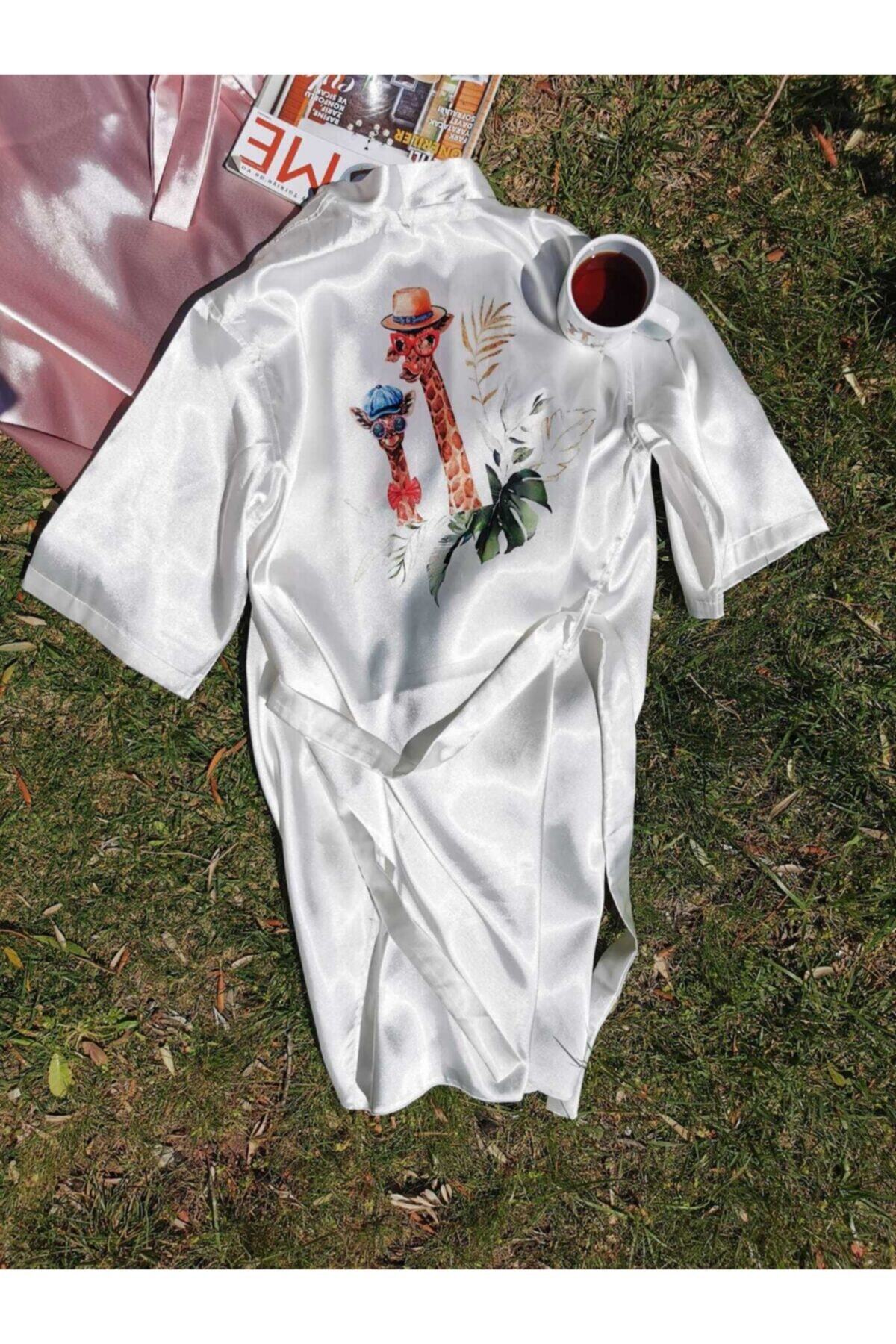 Lasilla Zürafa Desenli Saten Sabahlık