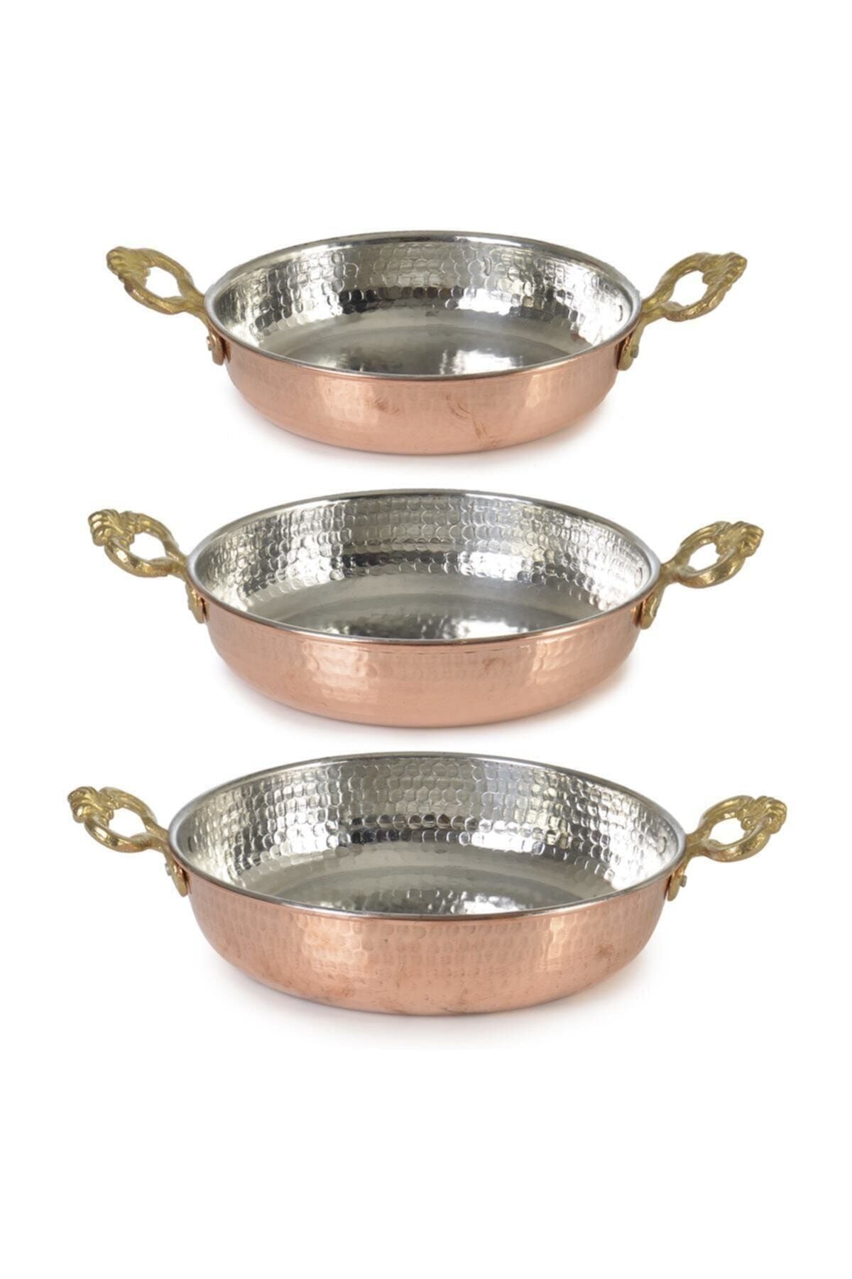 modalonga Pirinç Kulp 3'lü Bakır Sahan Tava Içi Kalay Kaplı Set 14/16/18 Cm