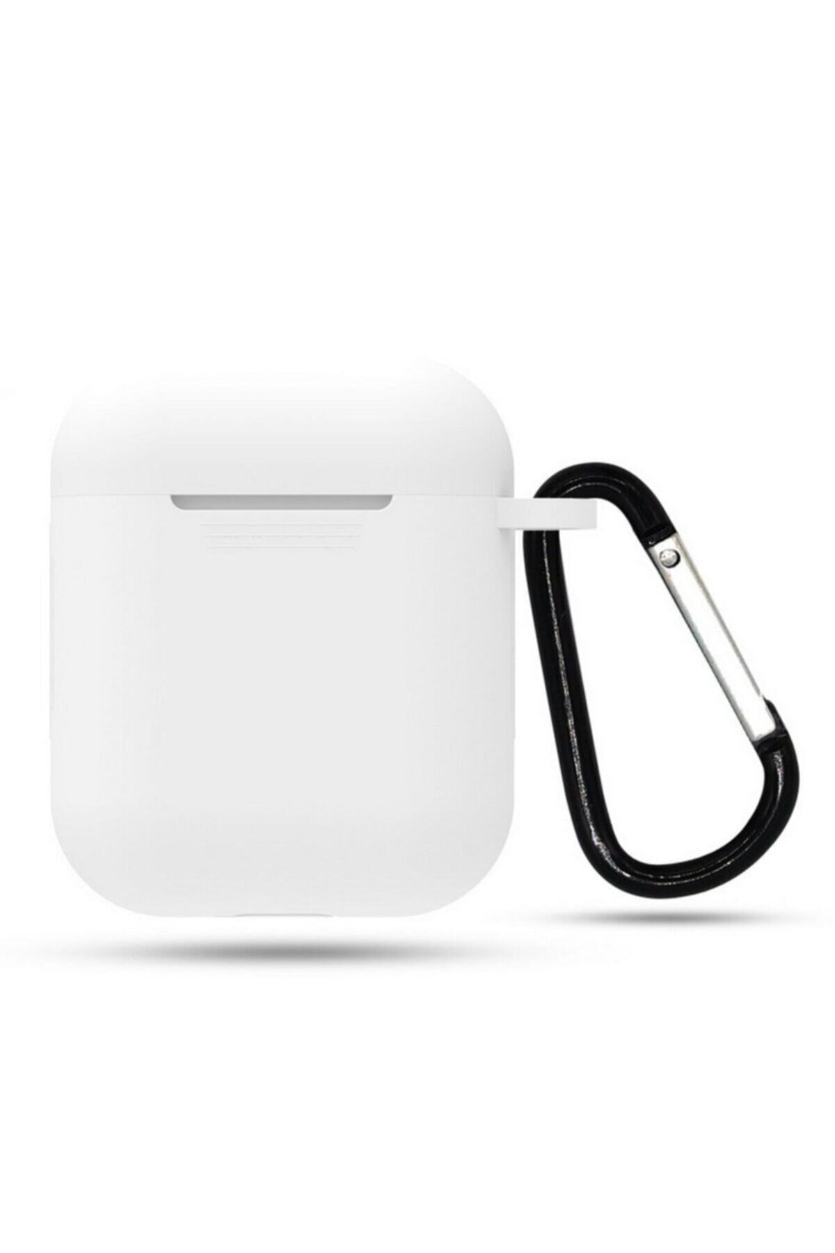 ANTUTU Airpods 1 Ve 2 Nesil Uyumlu Beyaz Anahtarlıklı Kancalı Tam Koruyucu Mat Yumuşak Silikon Kılıf