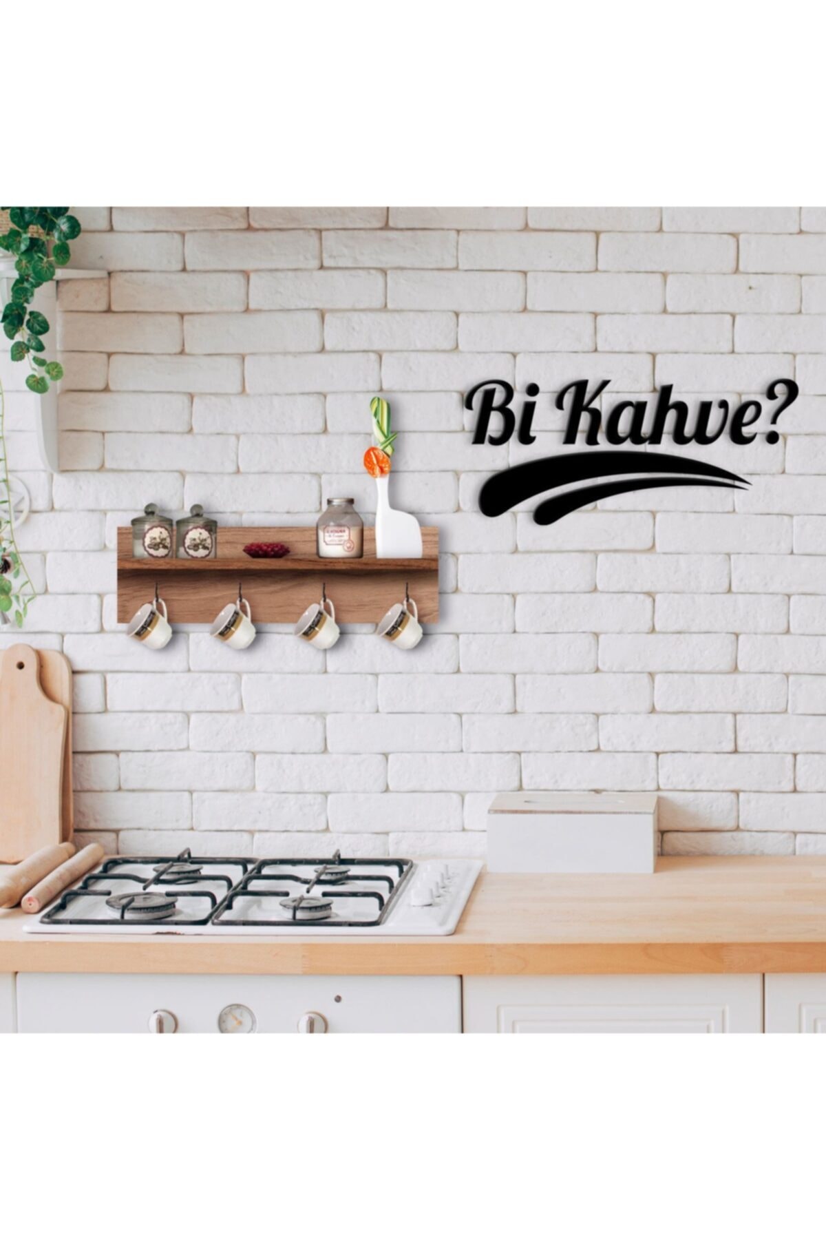 BK Doğal Ahşap Raflı Dekoratif Fincan Askılığı Ve Bi Kahve Duvar Süsü-1