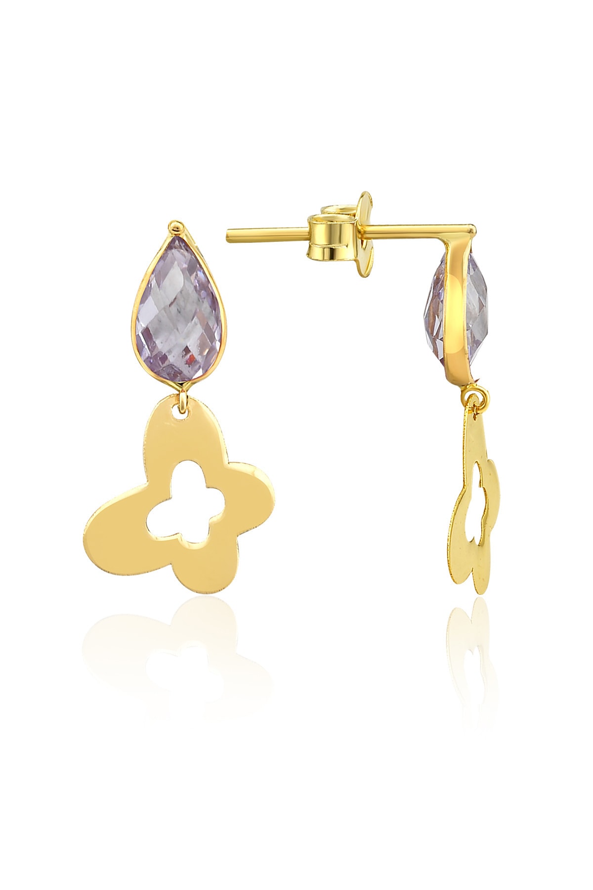 Tual Diamond Kadın  14 Ayar Damla Taşlı Kelebek Altın Küpe