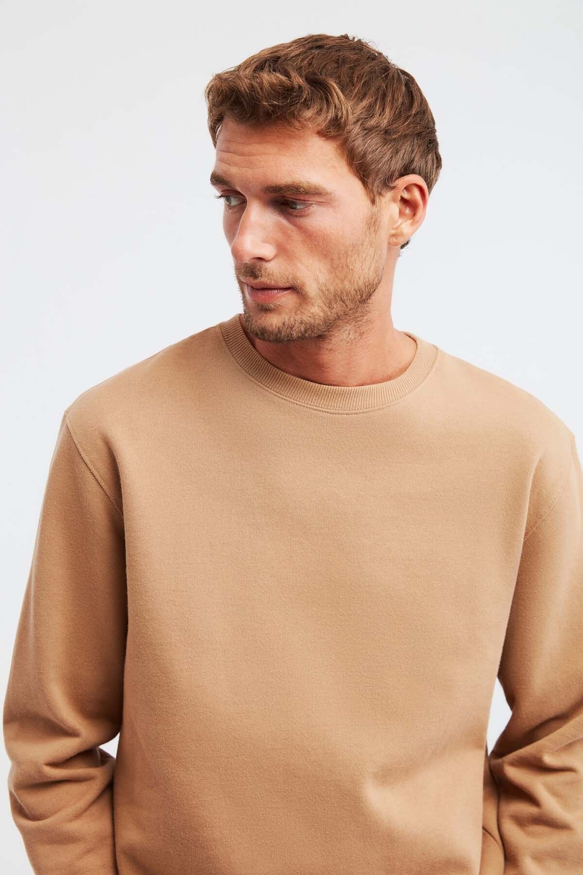 Travis Erkek Yumuşacık Kumaşlı Regular Fit Yuvarlak Yakalı Kahverengi Sweatshirt
