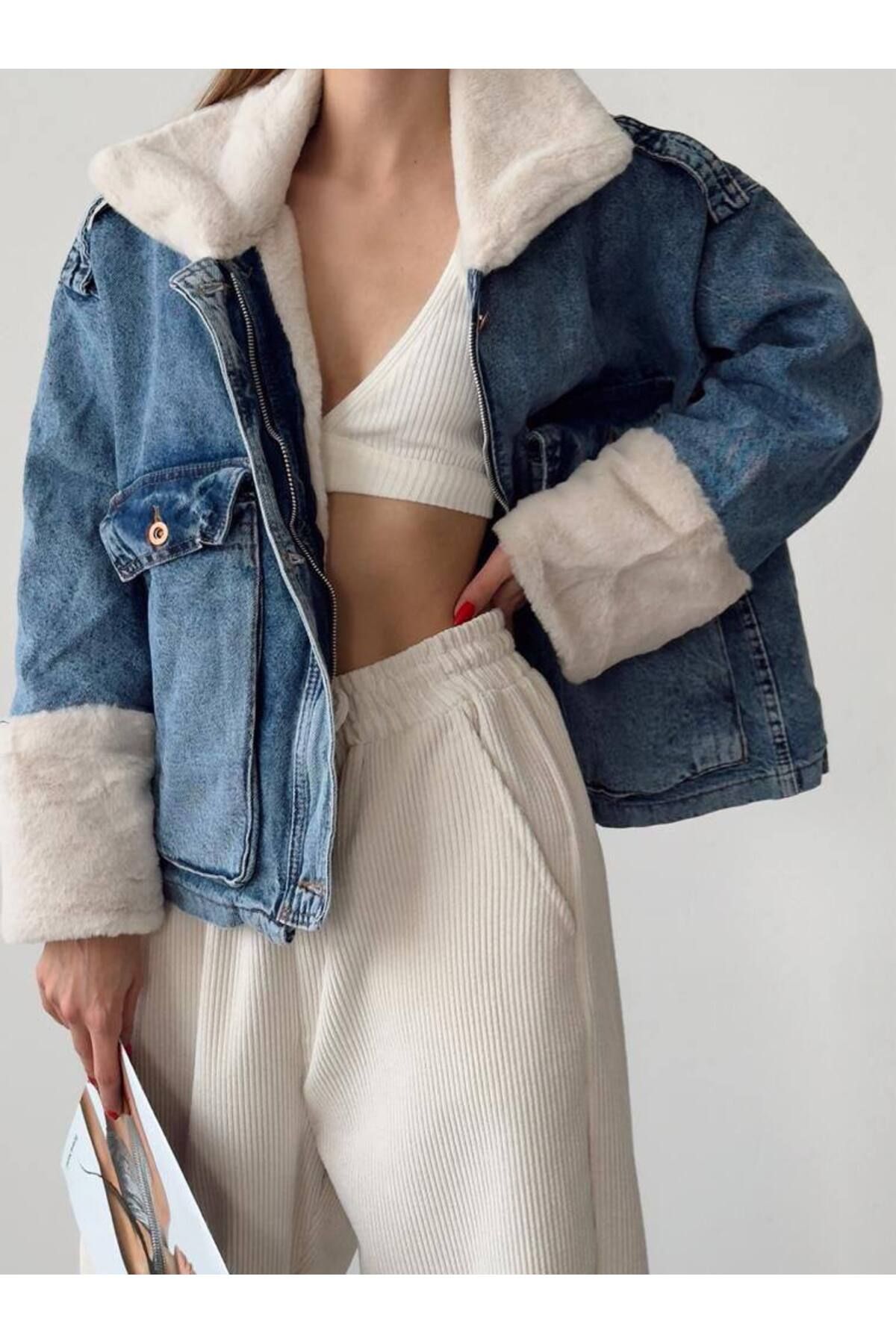 Denim jacket with on sale fur inside womens