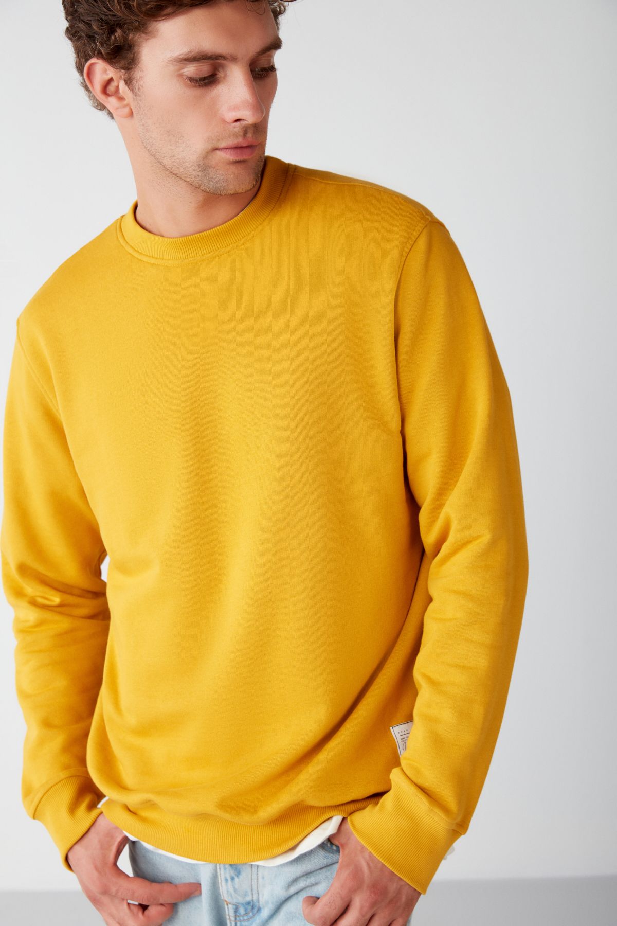 Travis Erkek Yumuşacık Kumaşlı Regular Fit Yuvarlak Yakalı Safran Sarı Sweatshirt