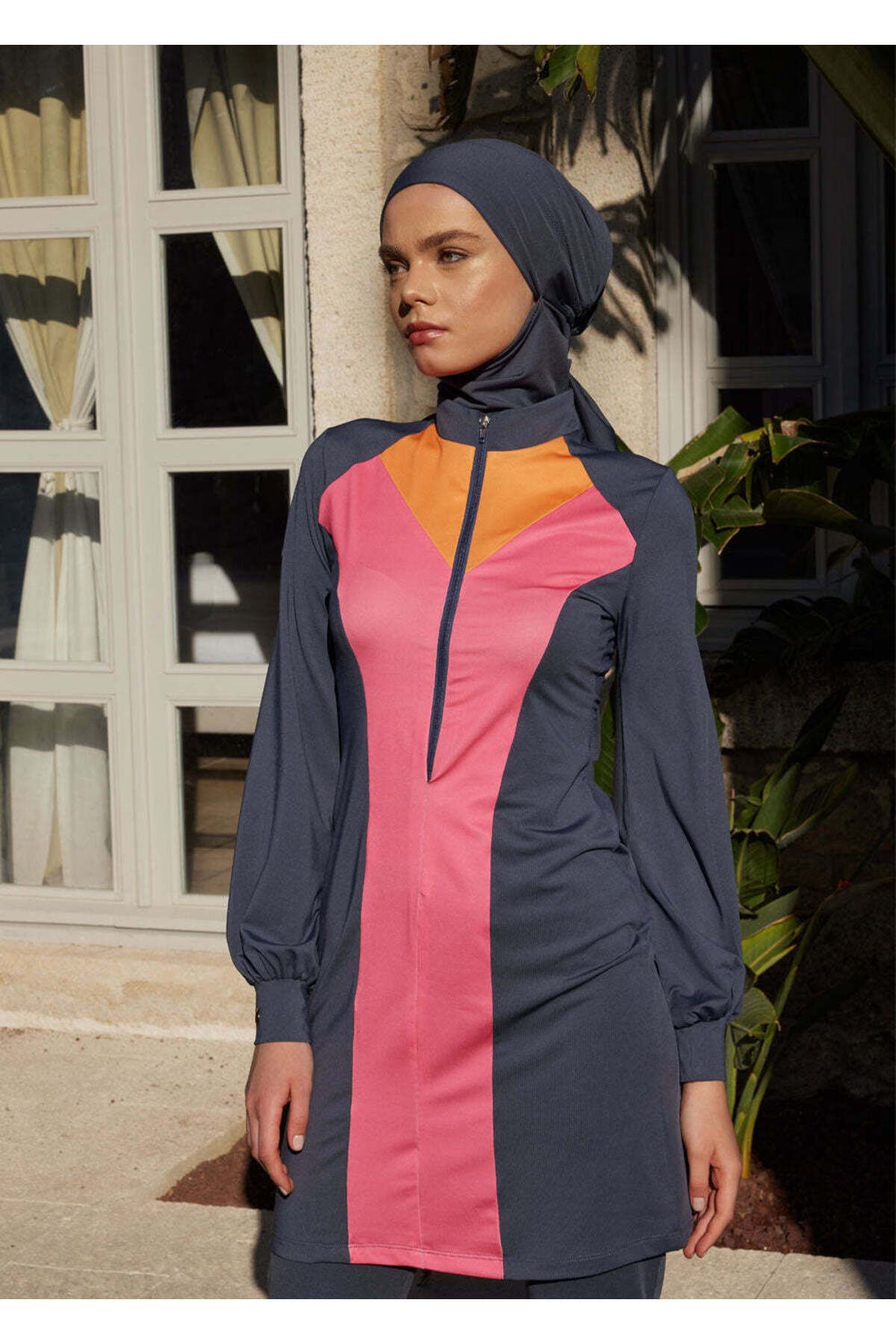 Mayovera Colors Anthracite Sleeve Single Top Hijab Swimsuit Trendyol
