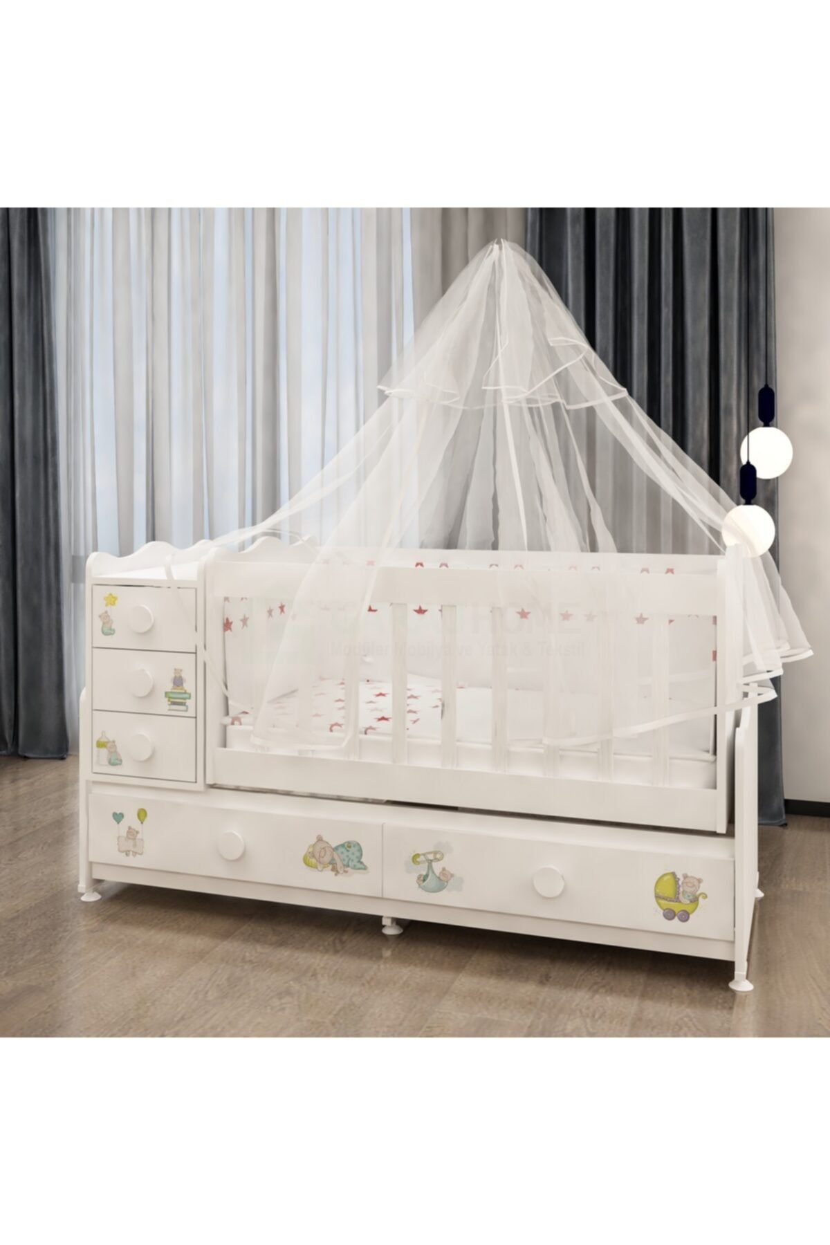 Garaj Home Melina Ayıcık Uyku Setli Beşik Kombini- Uykuseti Beyaz
