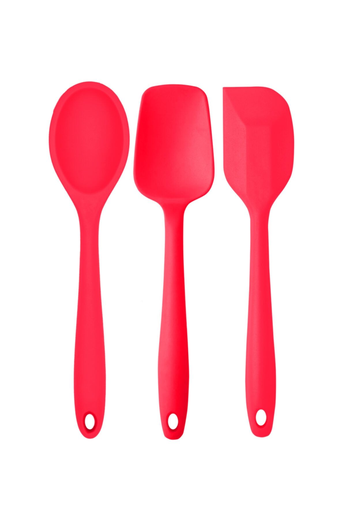 Kitchen Design Lab Büyük Boy Yanmaz Silikon Spatula Kaşık Seti 3 Parça - Spatula Kaşık Kırmızı 3'lü Set