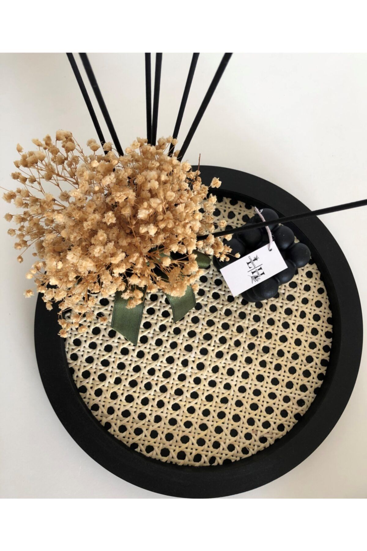 Lorien's Home %100 Doğal Rattan Hazeran Yuvarlak Tepsi - Siyah - 28 Cm