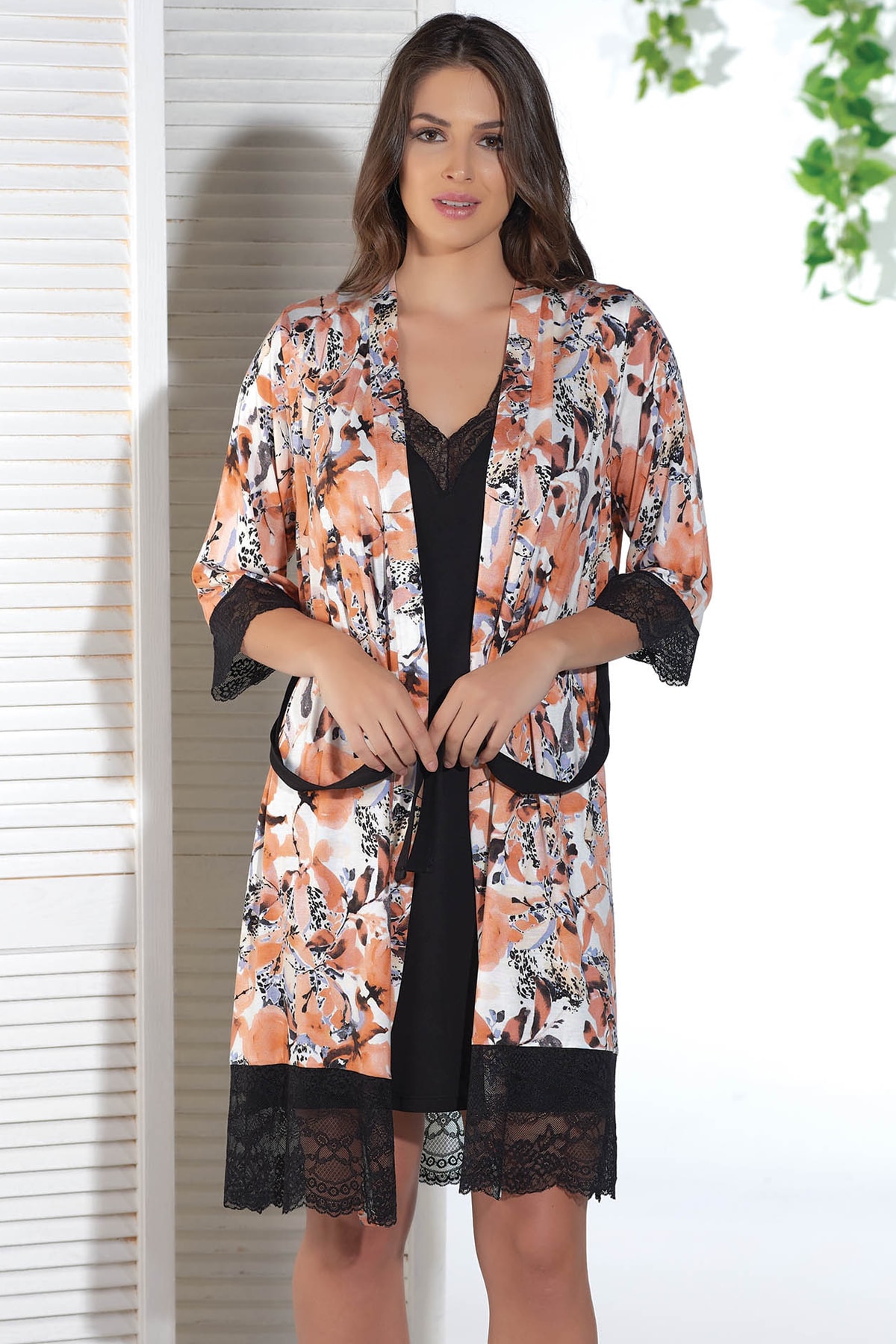 Sevim Kadın Siyah Desenli Sabahlık Takım 12650