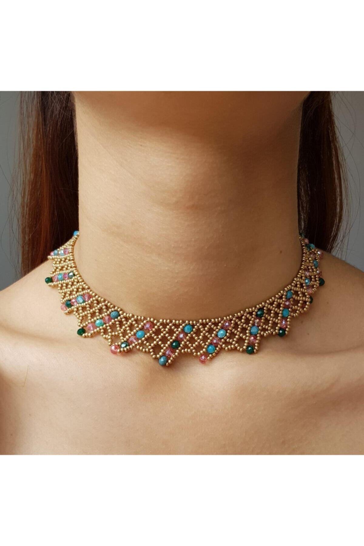 Handmade By HLY Kadın Gold Kristal Taş Detaylı Choker