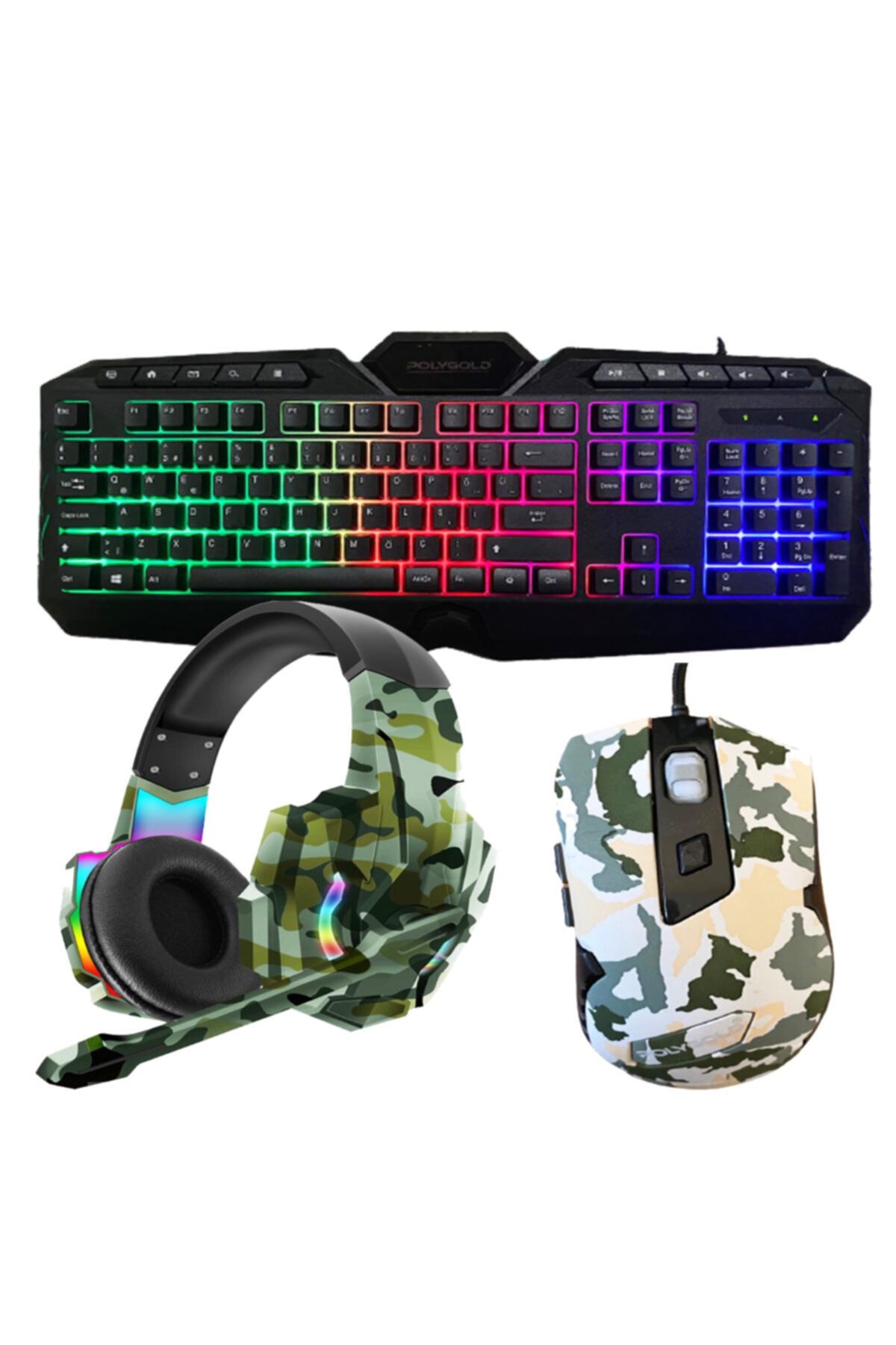 POLYGOLD Kamuflaj Led Aydınlatmalı Oyuncu Klavye Mouse Ve Kulaklık Seti