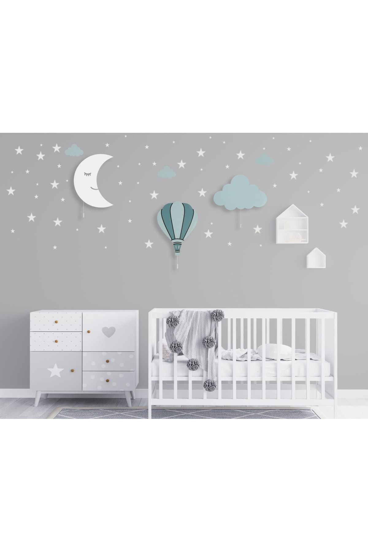 tinytigerstore Kapadokya Balon Ay Bulut Çocuk Odası Dekoratif Aydınlatma 3'lü