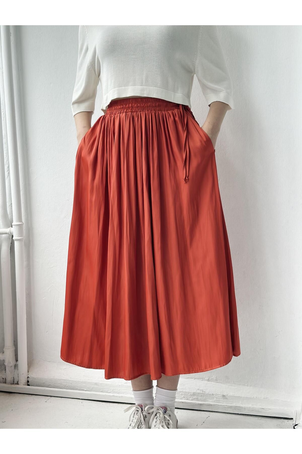 Retrobird Circle Flared Satin Midi Length Skirt Women Brick Trendyol