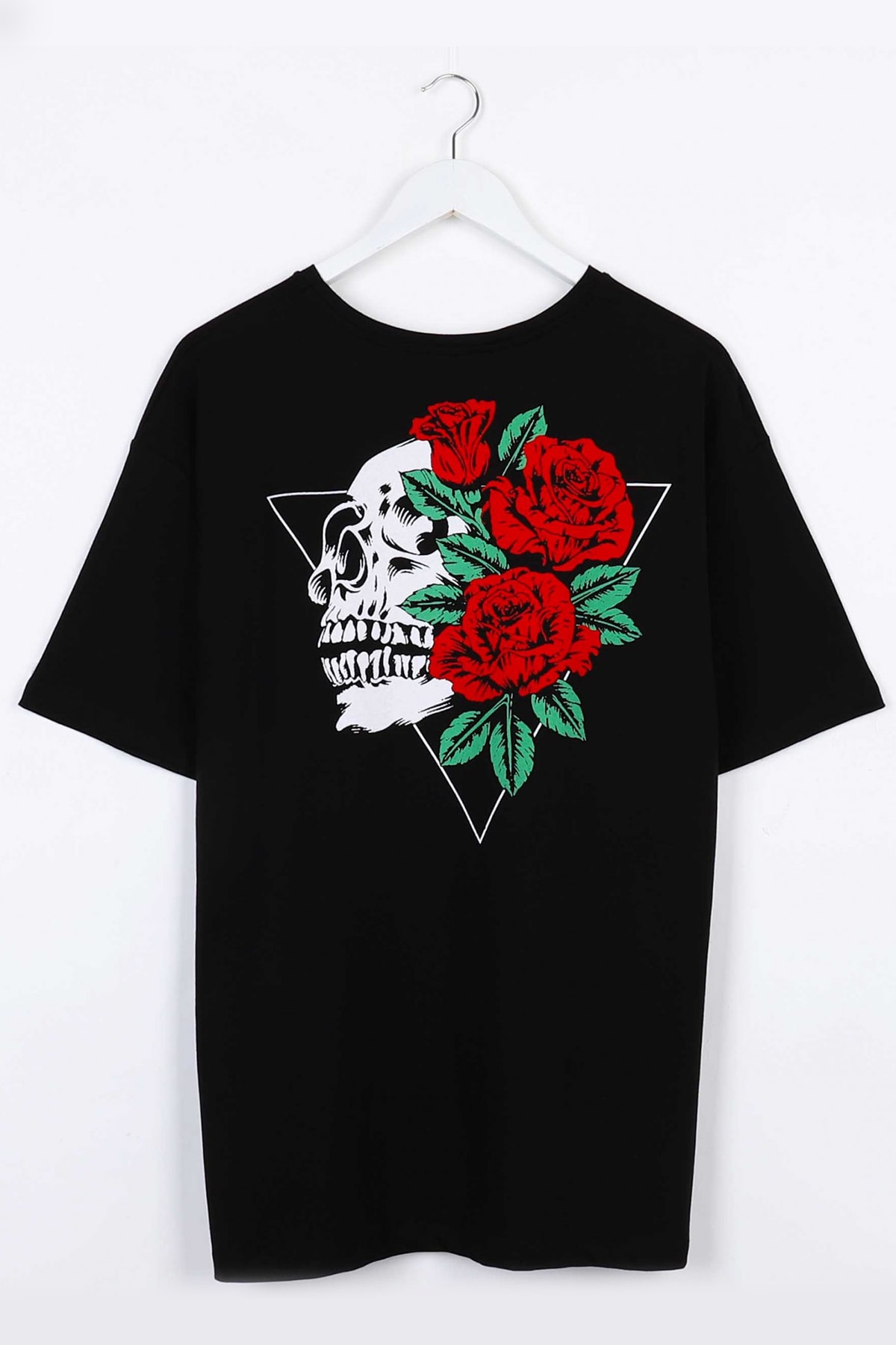 Sekizbiraltı Çiçekli Kurukafa Sırt Baskılı Siyah Oversize Unisex Tshirt