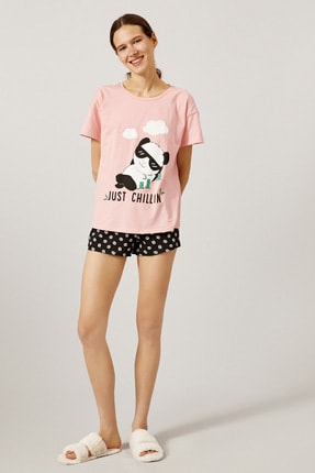 Koton Kadın Kısa Kollu Baskılı Pembe Pijama Takımı