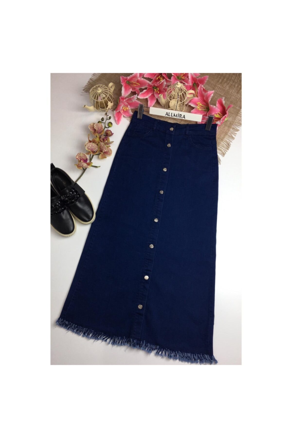 ALLMİRA FASHION Tesettür Düğmeli Ucu Püsküllü Kot Etek Lacivert
