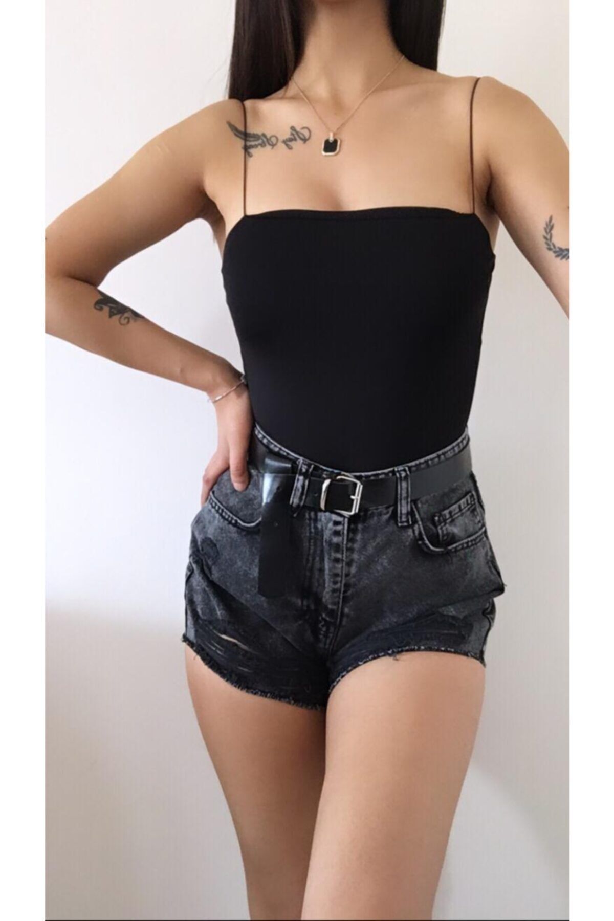 LOI Butik Kadın Siyah Çıt Çıtlı Siyah İp Askılı Zıbın