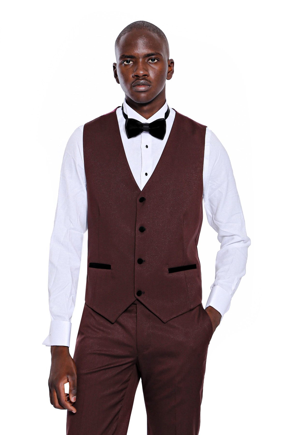 Wessi Erkek Bordo Yelekli Damatlık Slim Fit Takım Elbise