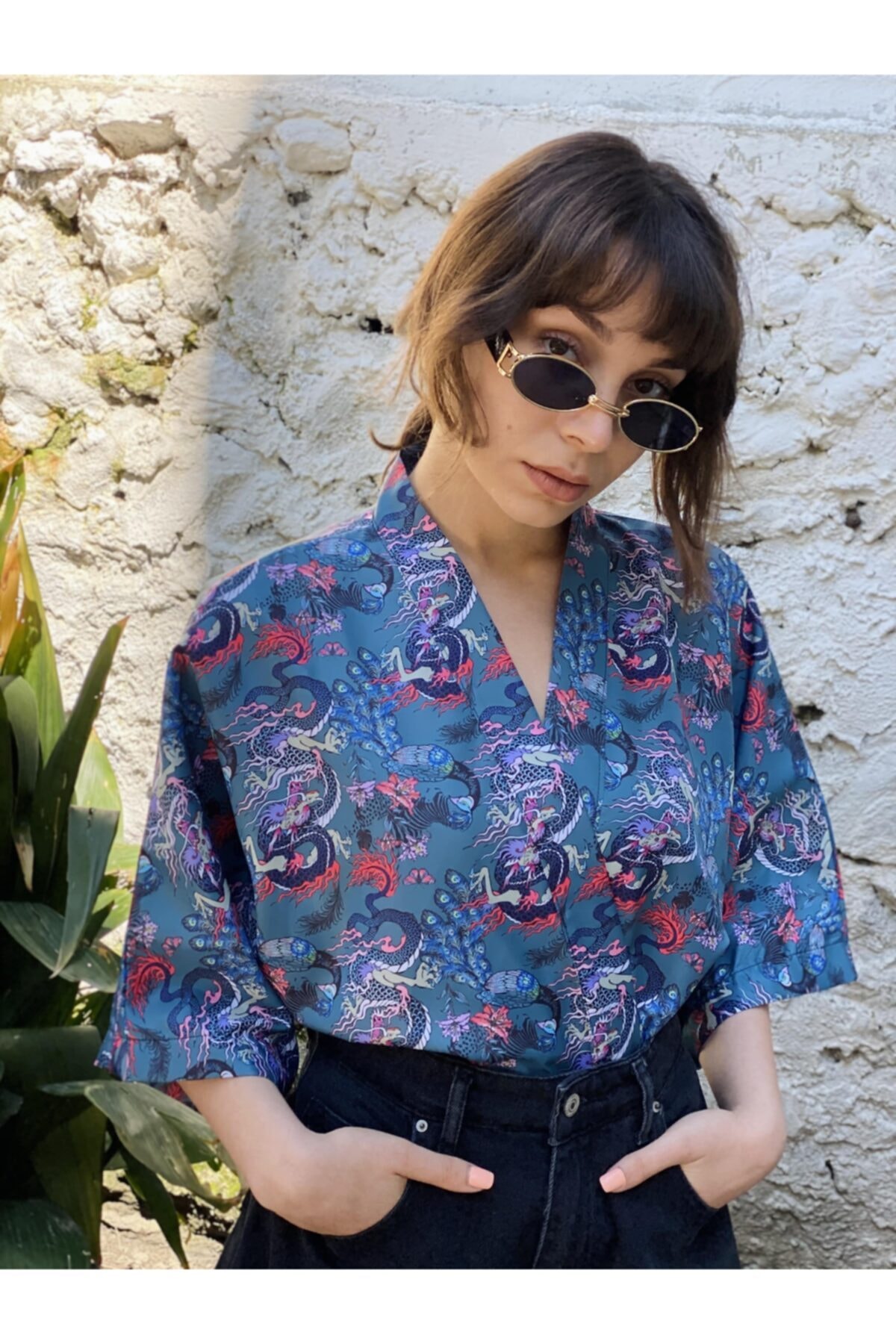 Retrobird Kadın Mavi Mini Kimono