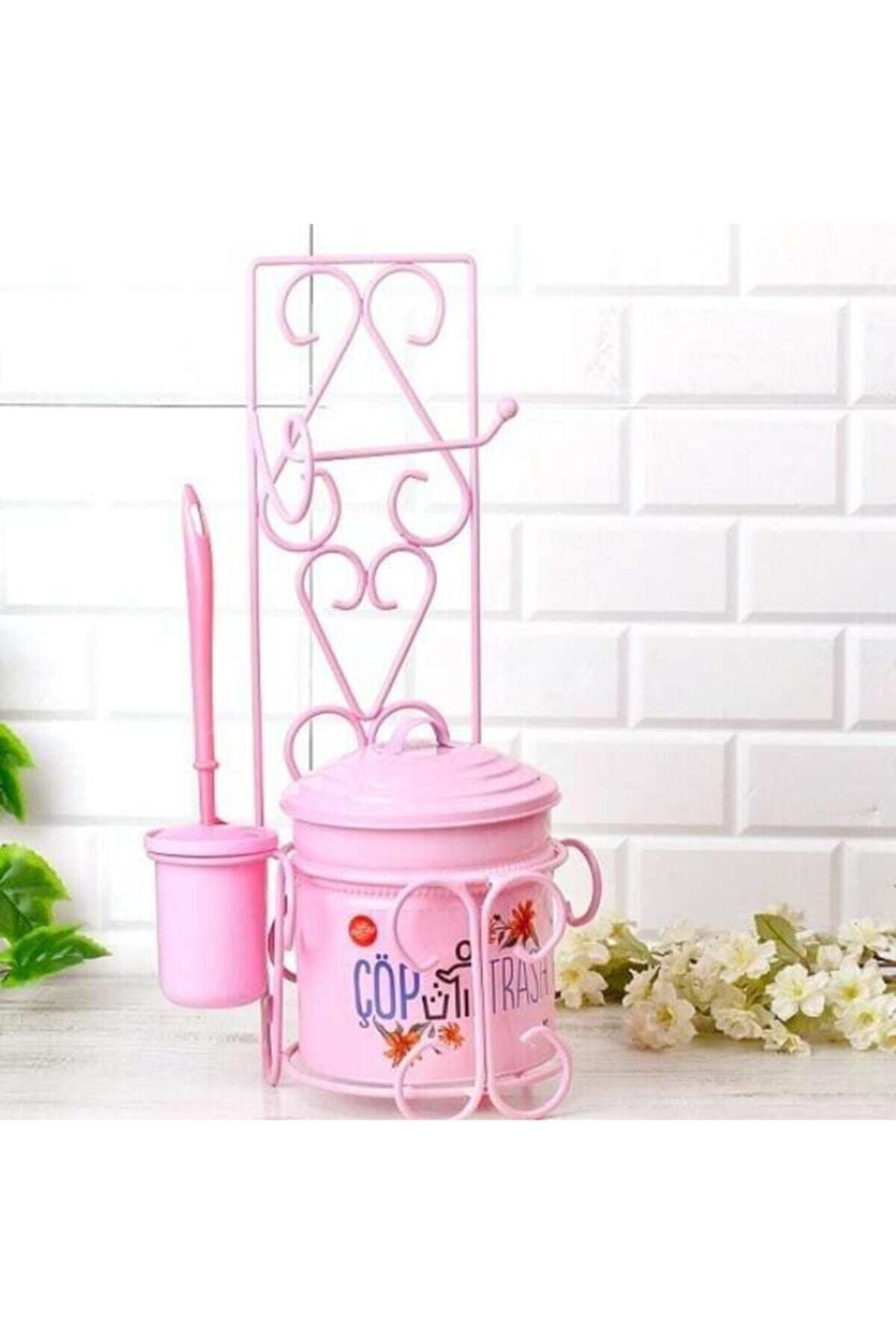 Yıldıray Metal Ferforje Standlı Çöp Kovası Tuvalet Kağıdı Ve Fırça Seti Pembe