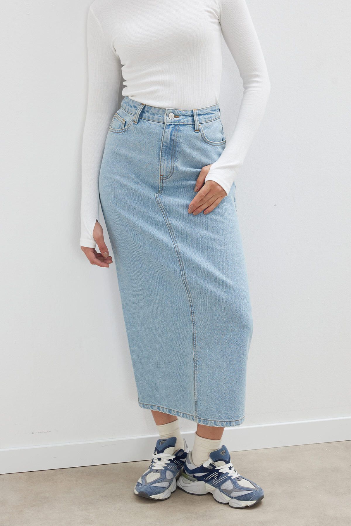 Denim pencil on sale skirt light blue