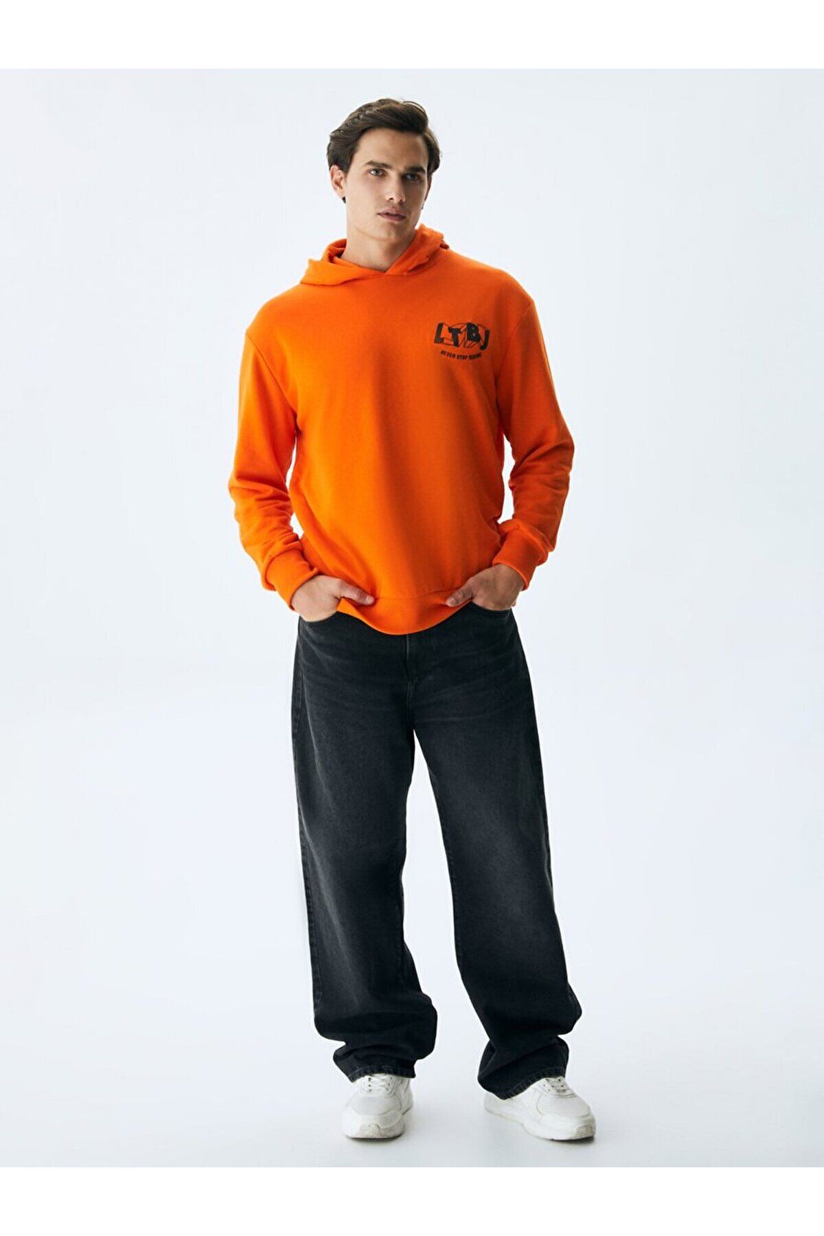 Ltb Logo Hooded Orange Sweatshirt Trendyol