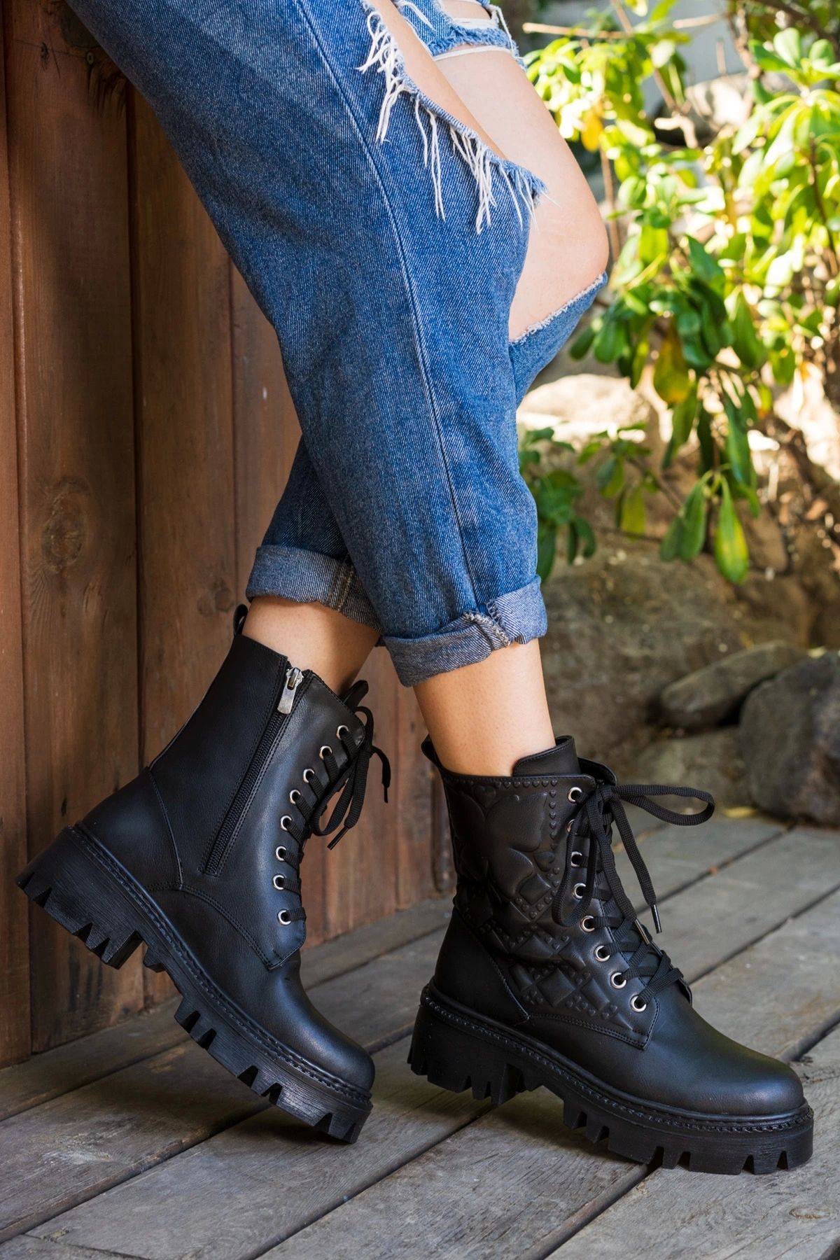 Black wedge combat boots online
