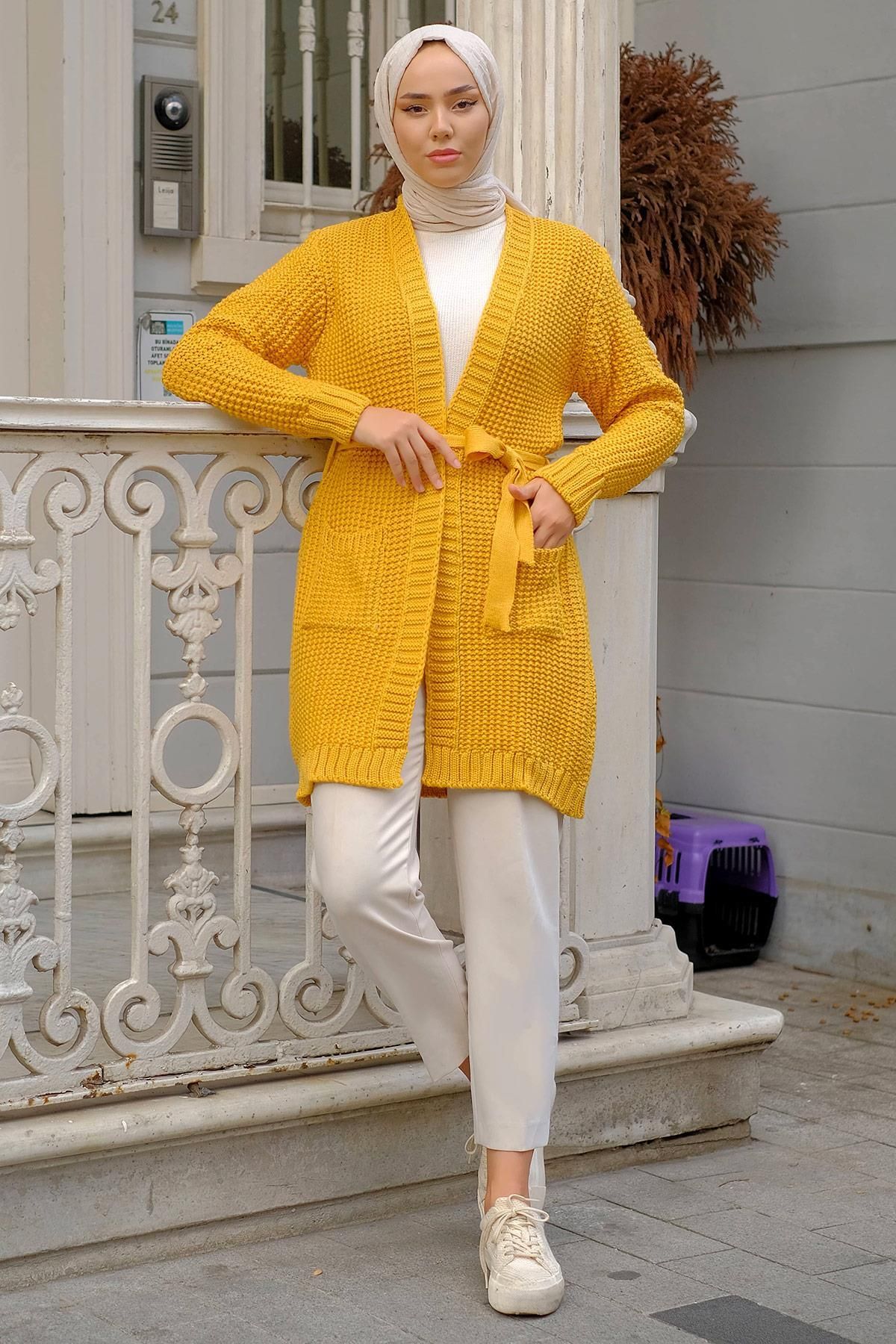 hafsamina Belted Pocket Knitwear Cardigan Mustard HM2244 Trendyol