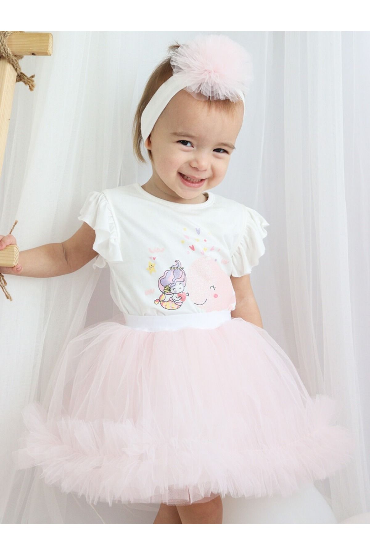 DIDuStore Serkon Fairytale Printed Baby Girl Dress and Feather
