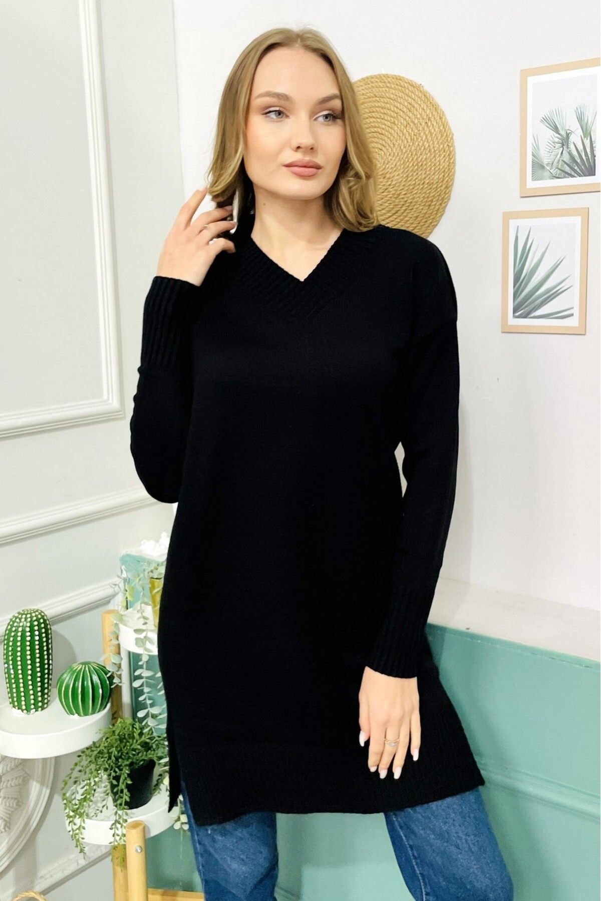 Black v hot sale neck tunic sweater