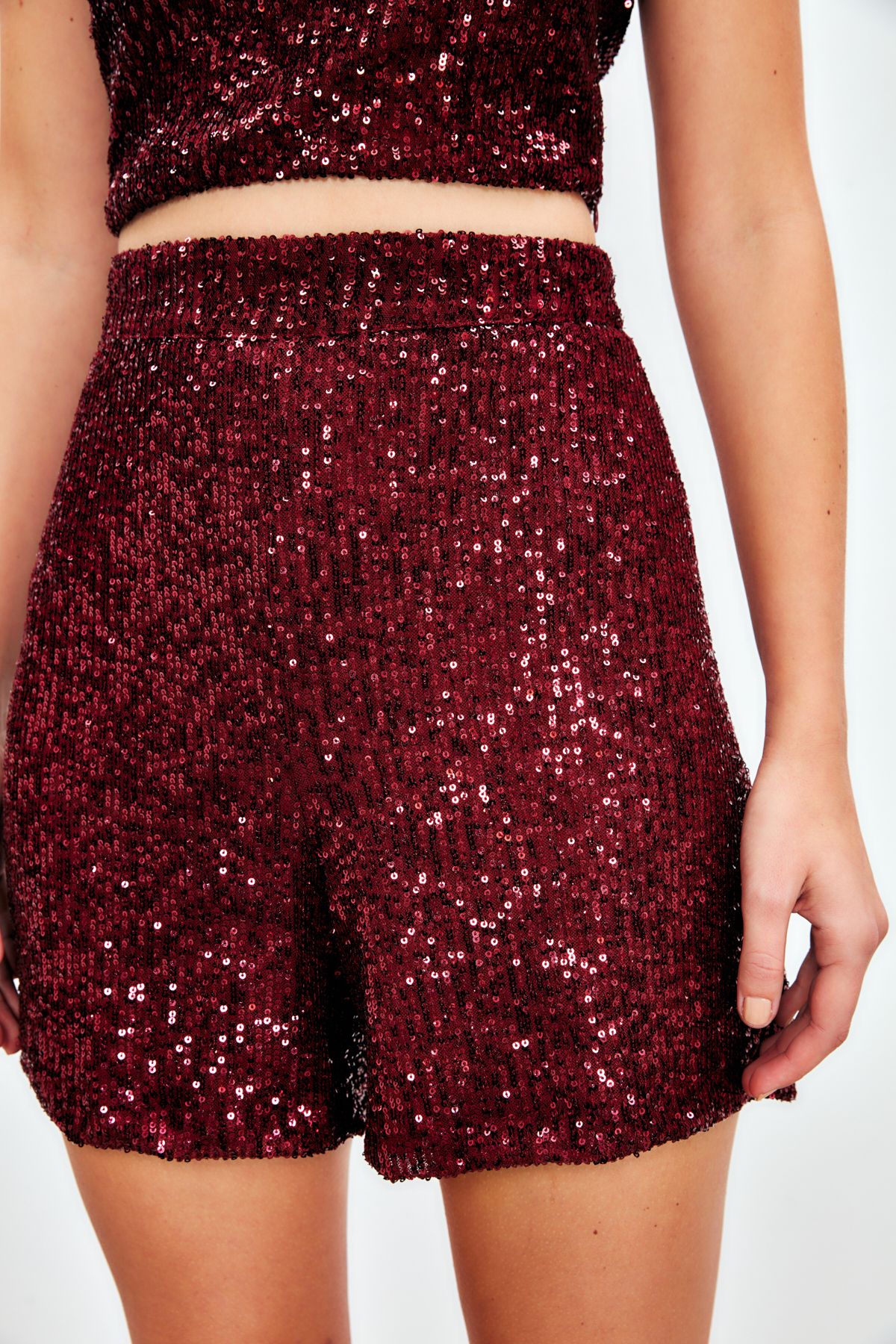 Sateen Sequin Detailed Shorts Claret Red Trendyol