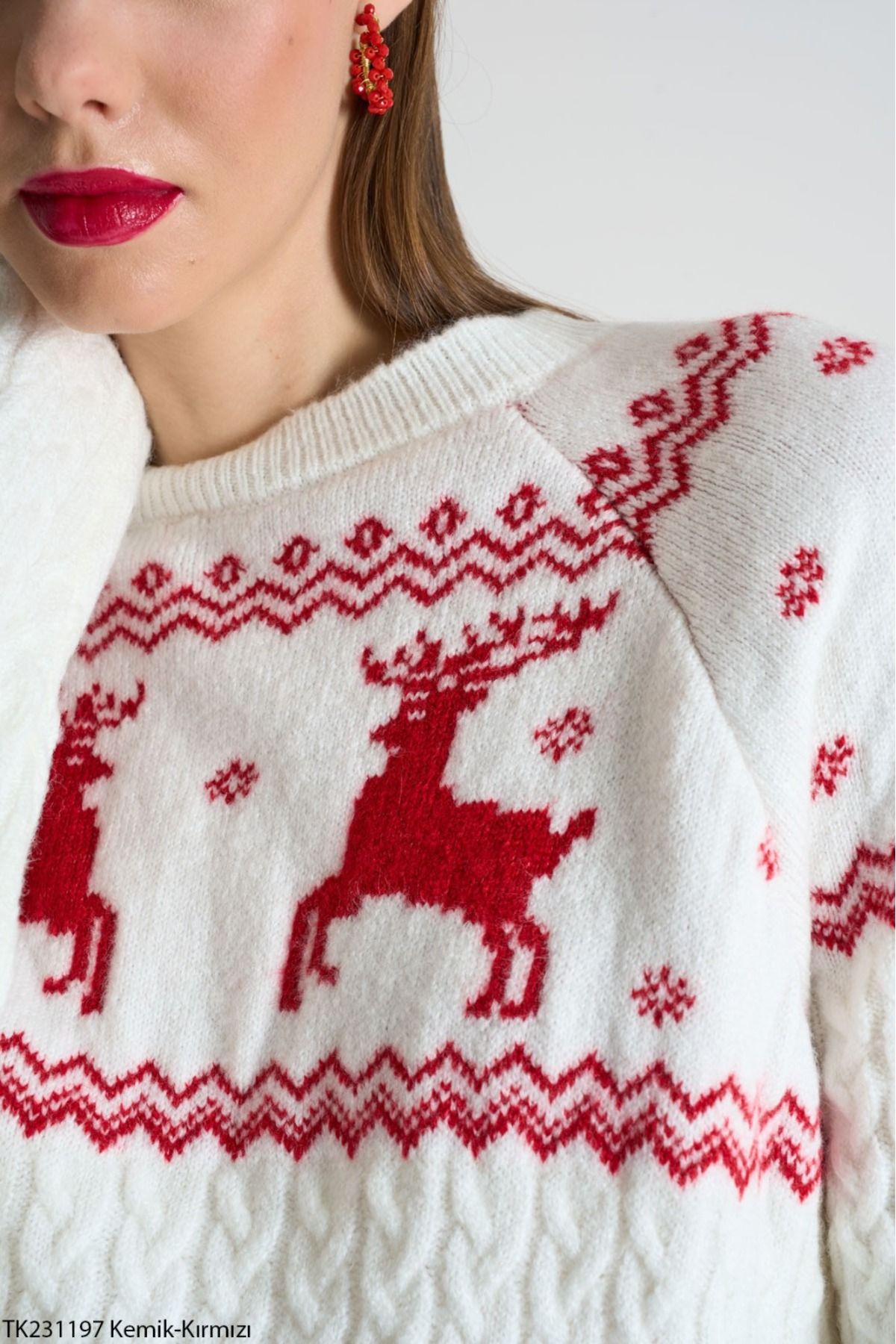 Lupies Women s Bone Crew Neck Christmas Deer Knitwear Sweater