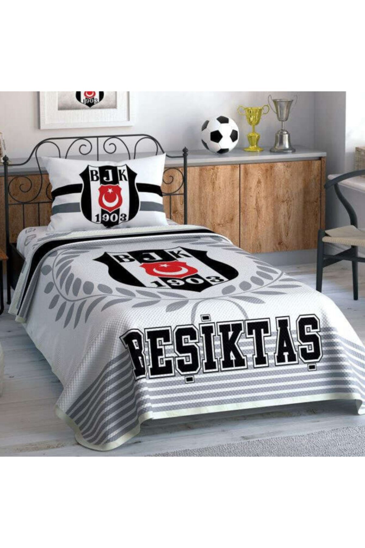 Taç Beşiktaş Black And White Tek Kişilik Pike Takımı