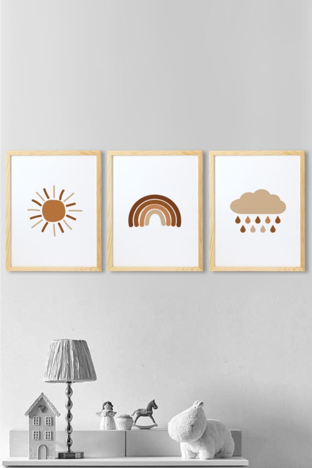 Minik Ayı Ayı,gökkuşağı Güneş Ve Bulut Üçlü 30x40cm Ahşap Çerçeve Seti