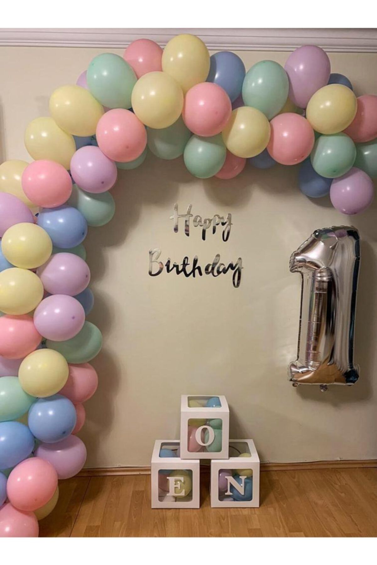 Ege Parti Evi Makaron Balon Zinciri - Happy Birthday Flama - 1 Folyo Balonu - One Kutuları - El Pompası