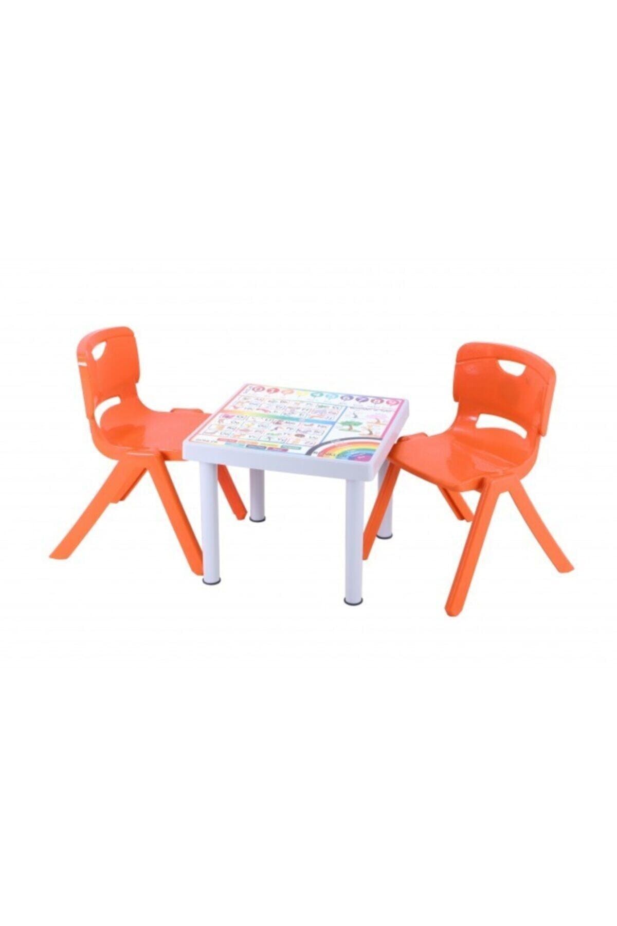 Sağlam Plastik Mandella Rubi Ingilizce Desenli Çocuk Masası 2 Adet Nova Büyük Çocuk Koltuk Turuncu