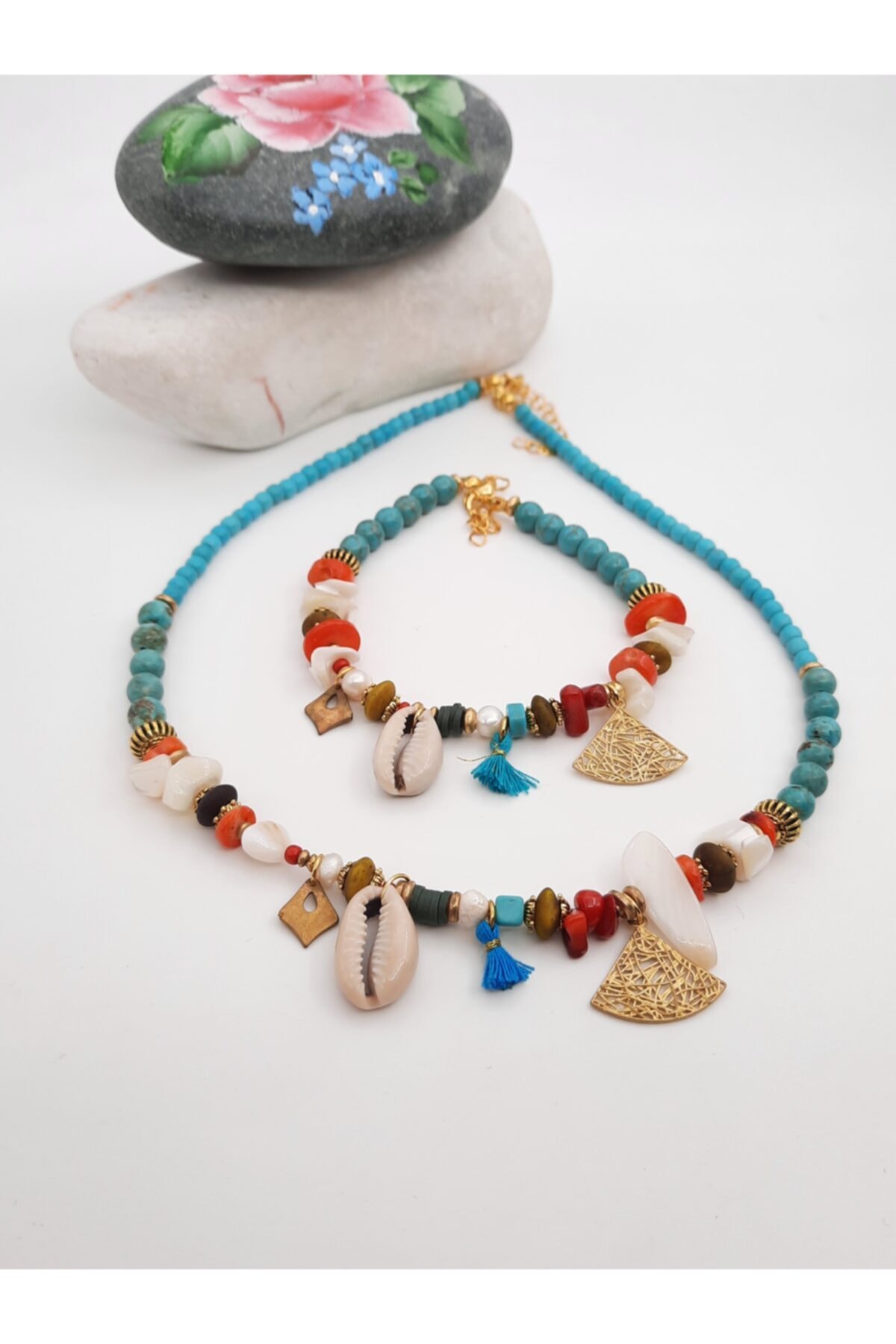 takitokaciniz Doğal Turkuaz Taş Ve Doğal Sedef Malzemeden Kolye Halhal Set