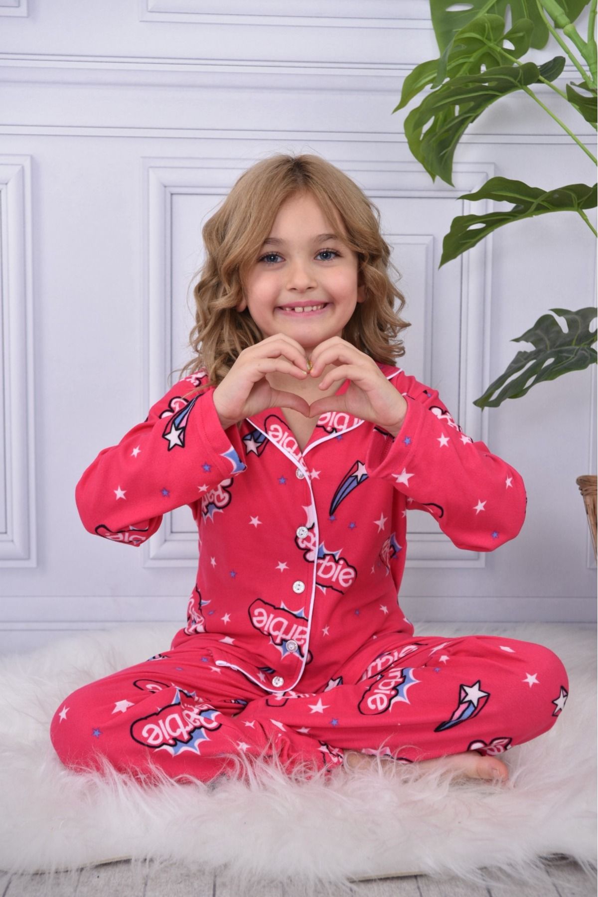 Meba Girl s Front Buttoned Suede Velvet Pink Barbie Pajama Set