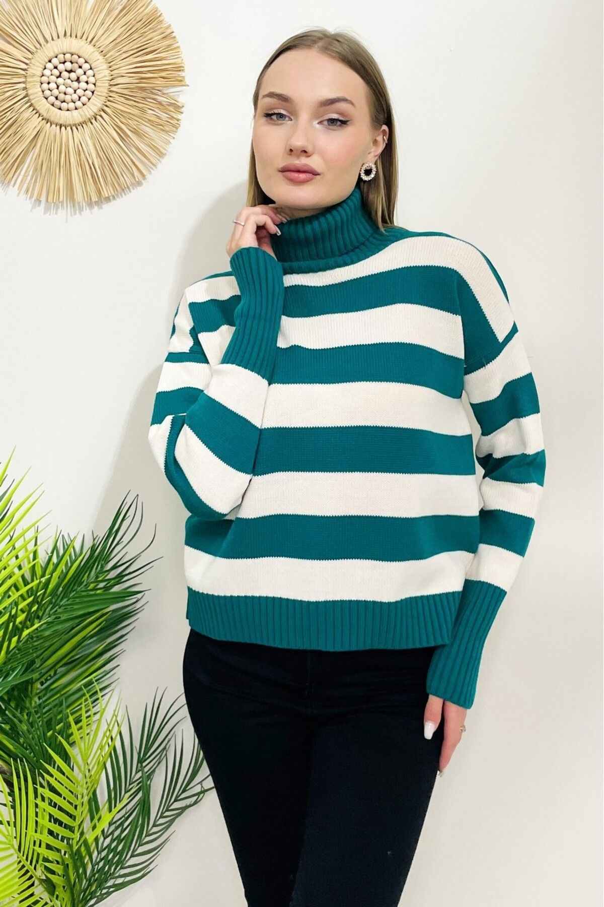 Green striped turtleneck sweater clearance